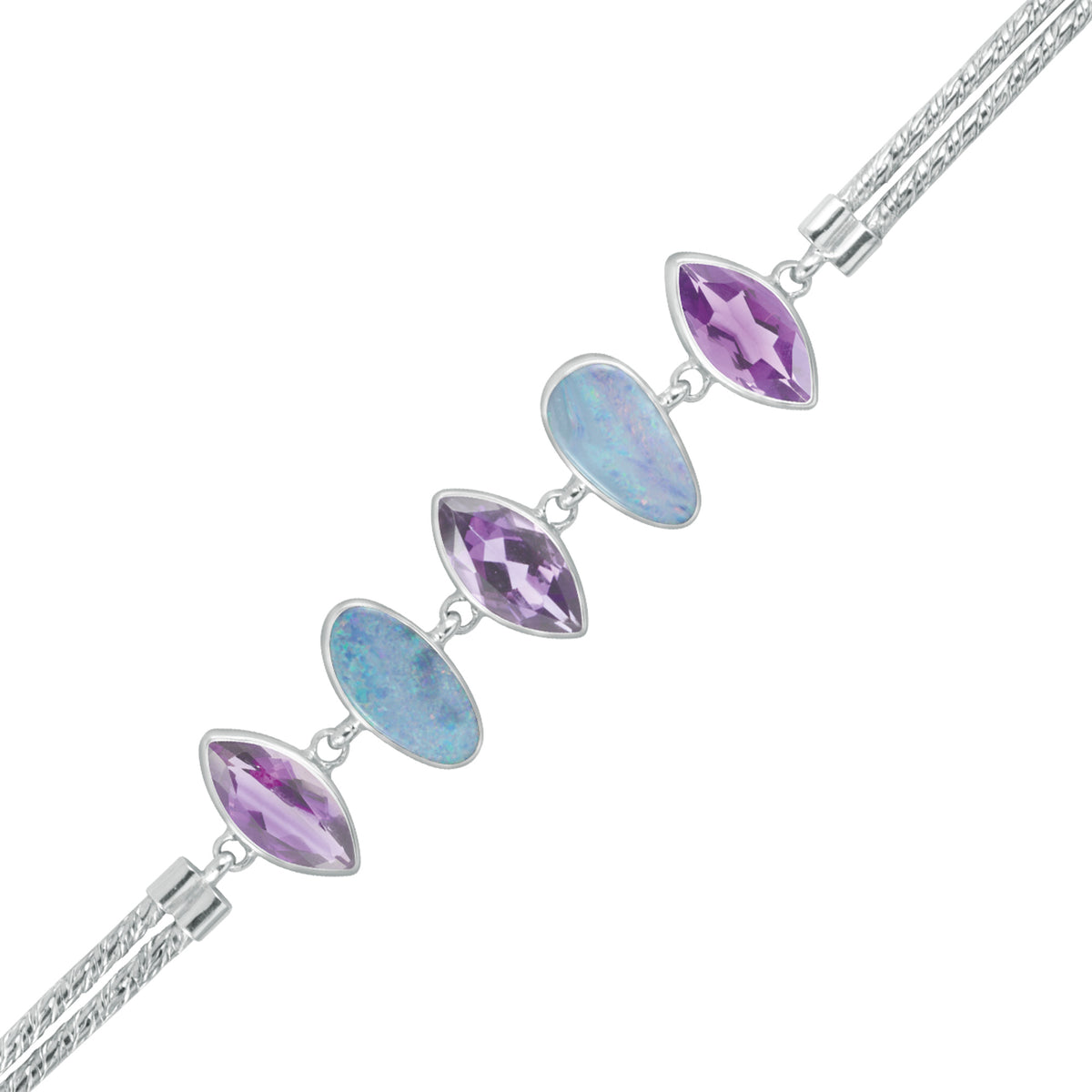 Sterling Silver Bracelet With Opal Free Form, Amethyst Marquise Facet