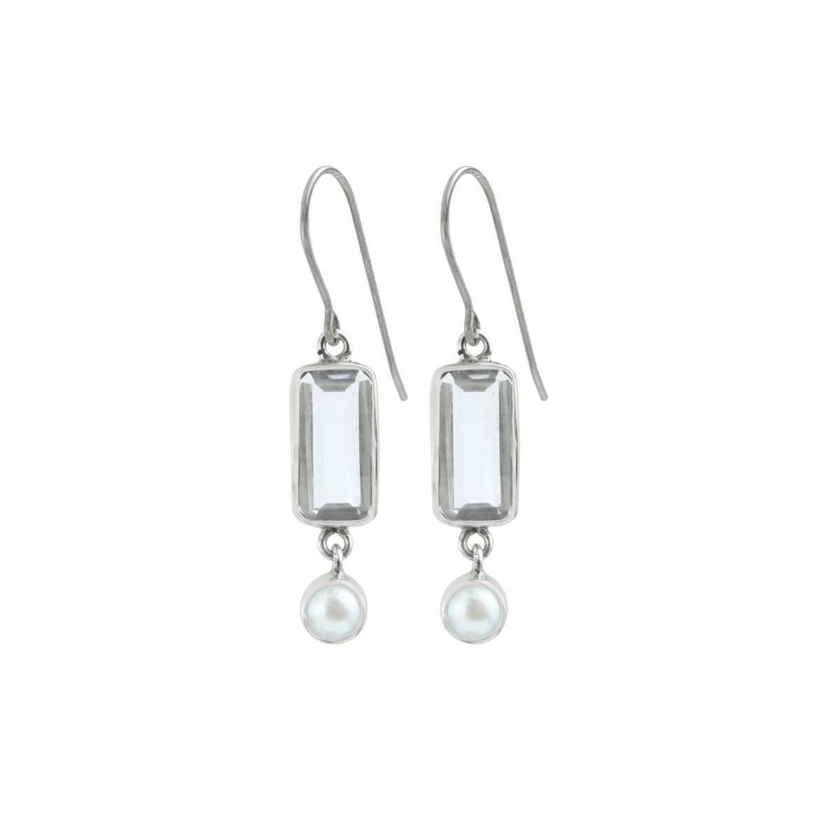 Sterling Silver Earring With White Quartz Rectangle Step Cut, Pearl