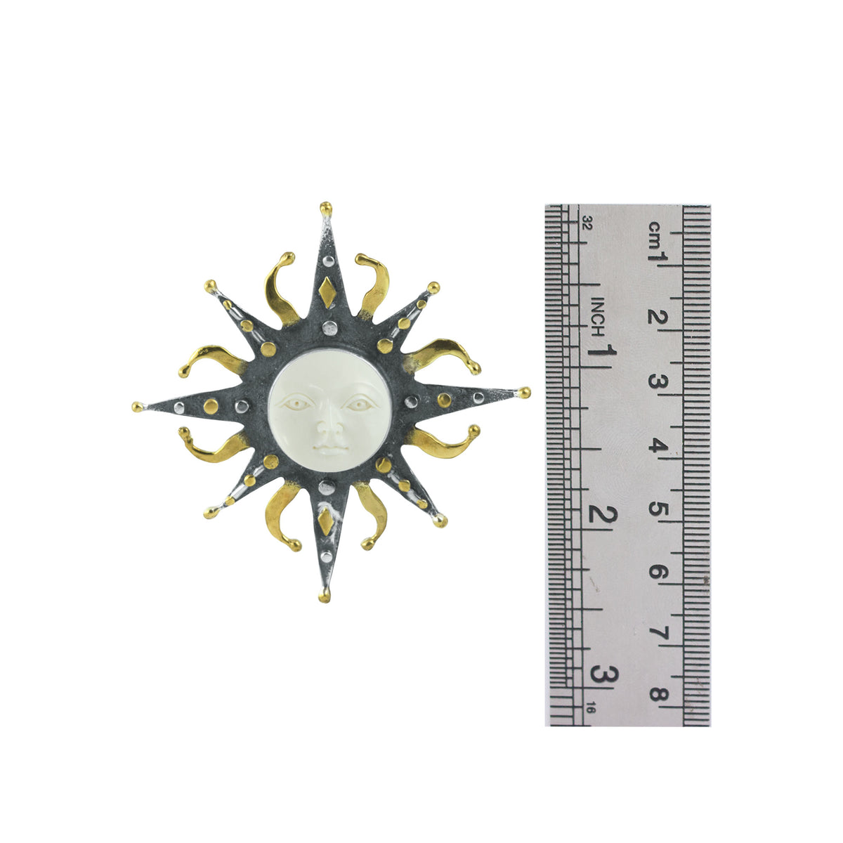 Sterling Silver Antler Sun Face Pin Pendant With Bone Sun Face