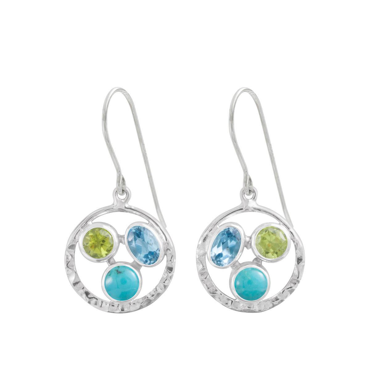 Sterling Silver Earring With Hammered Circle Component, Blue Topaz, Turquoise, Peridot Stone