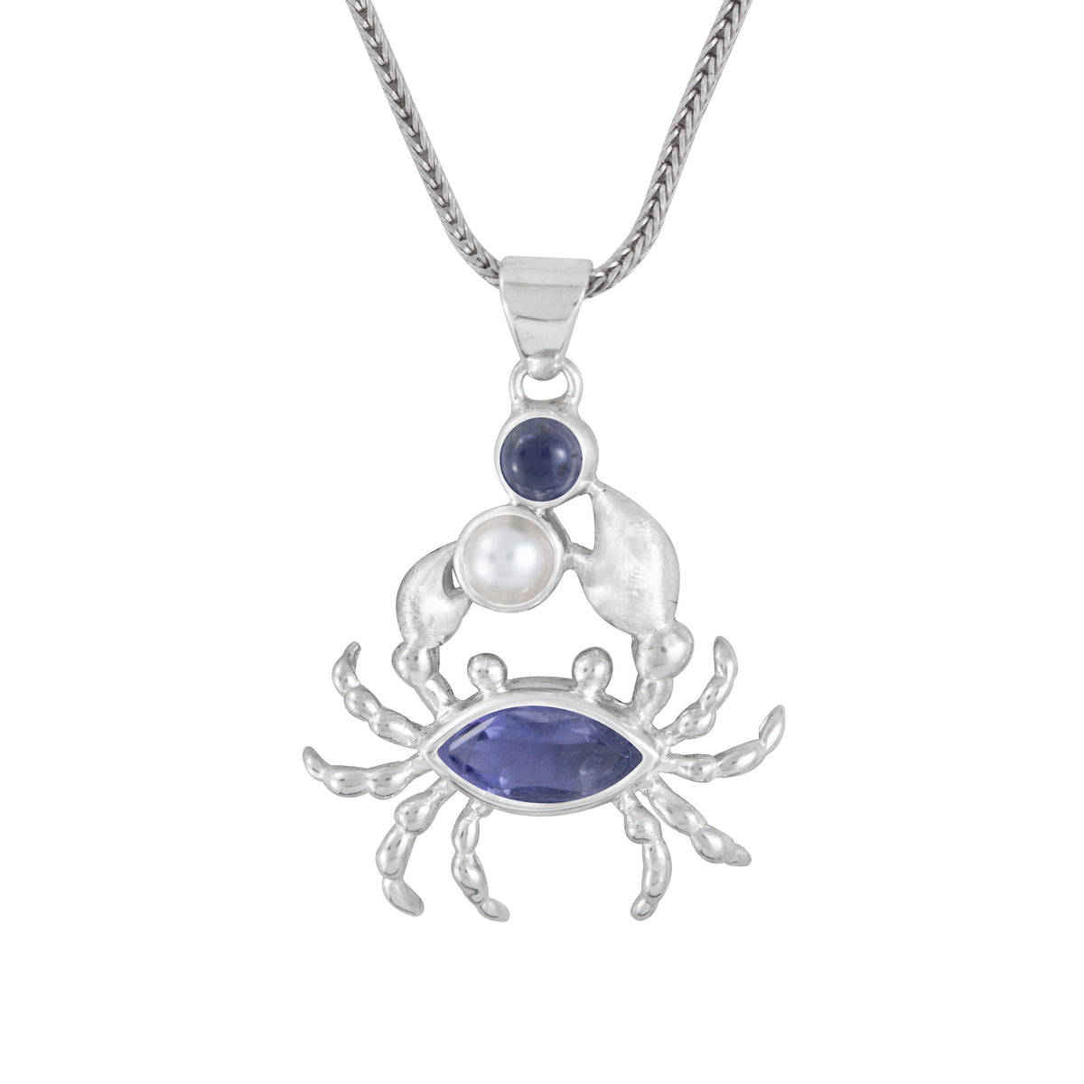 Sterling Silver Crab Component Pendant With Iolite Marquise Facet, Pearl