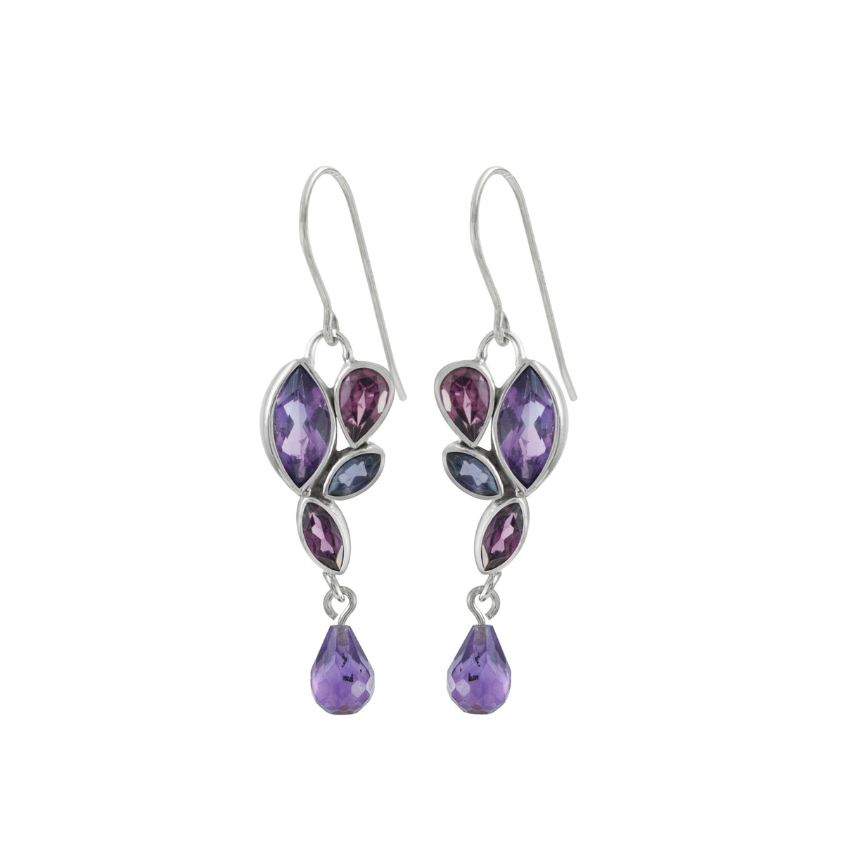 Sterling Silver Earring With Amethyst, Rhodolite Garnet Pear, Iolite Maquise, Amethyst Brio Drop