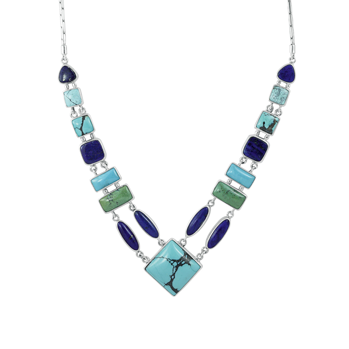 Sterling Silver Necklace With Lapis &amp; Turquoise Square