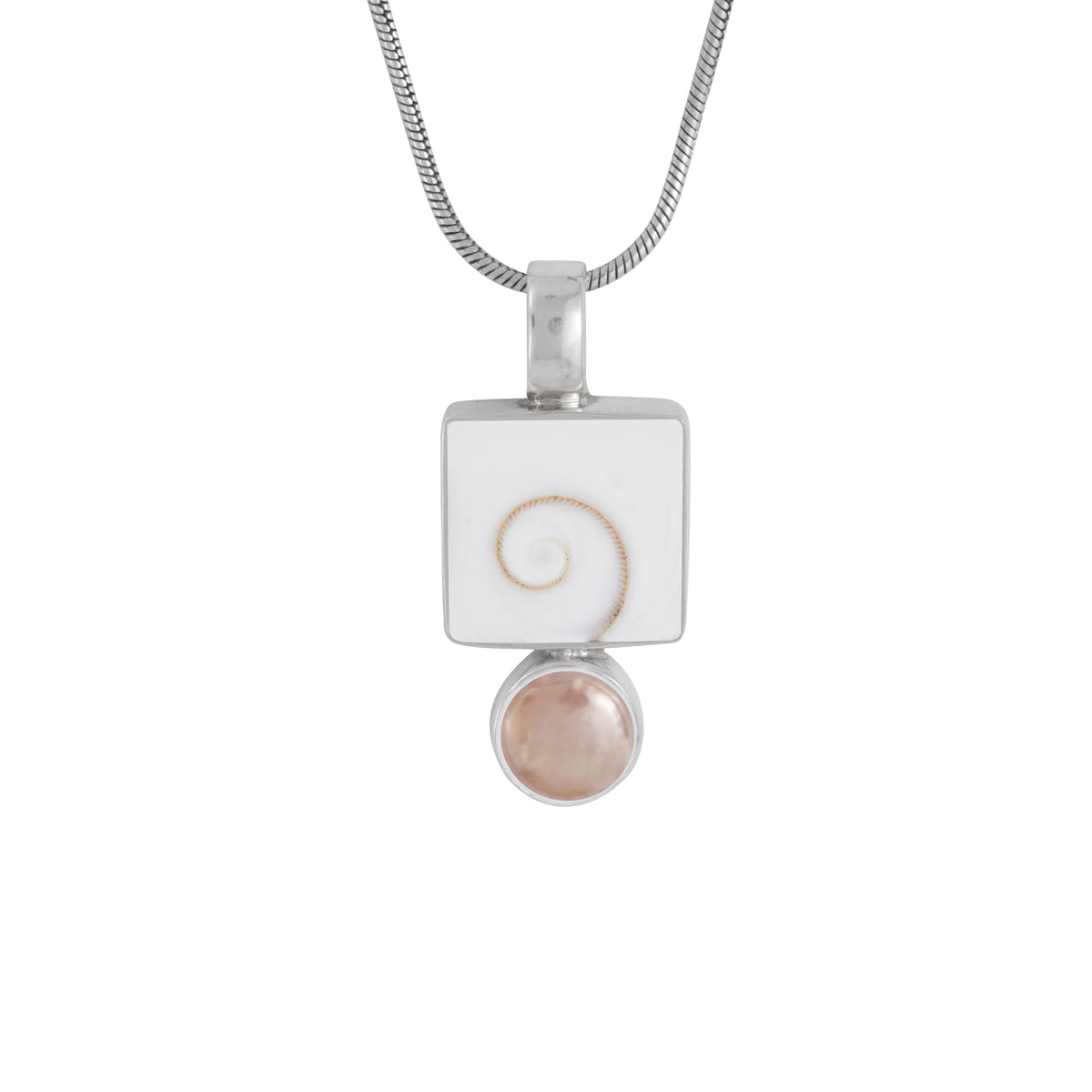 Sterling Silver Pendant With Shell Spiral Square, Pearl Coin Peach