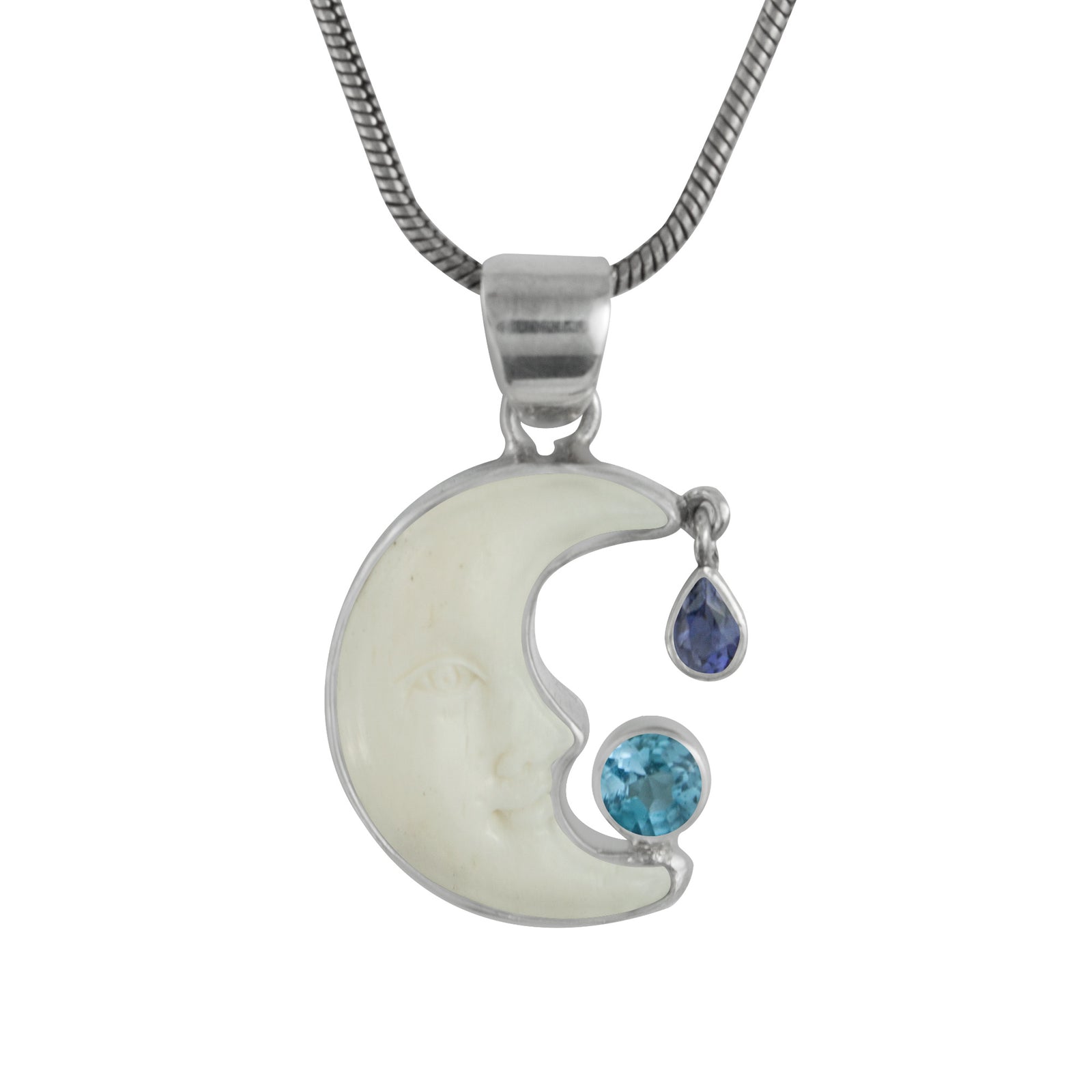 Sterling Silver Haf Moon Face With Iolite Peaar Facet, Amethyst Pear Briolet