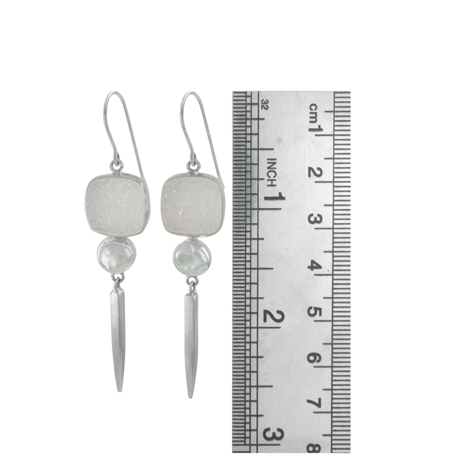 Sterling Silver Earring With Druzy Opal Square, Pearl Keishi