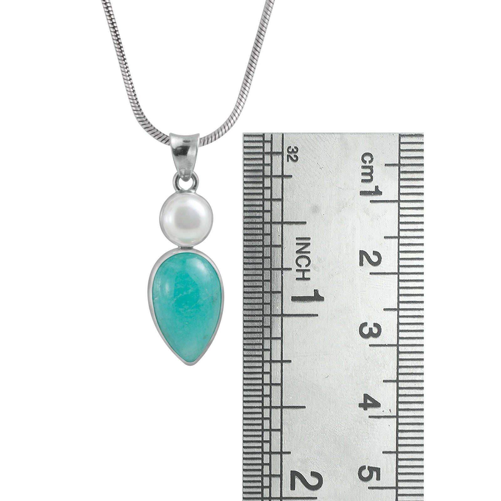 Sterling Silver Pendant With Pearl Round, Amozonite Pear