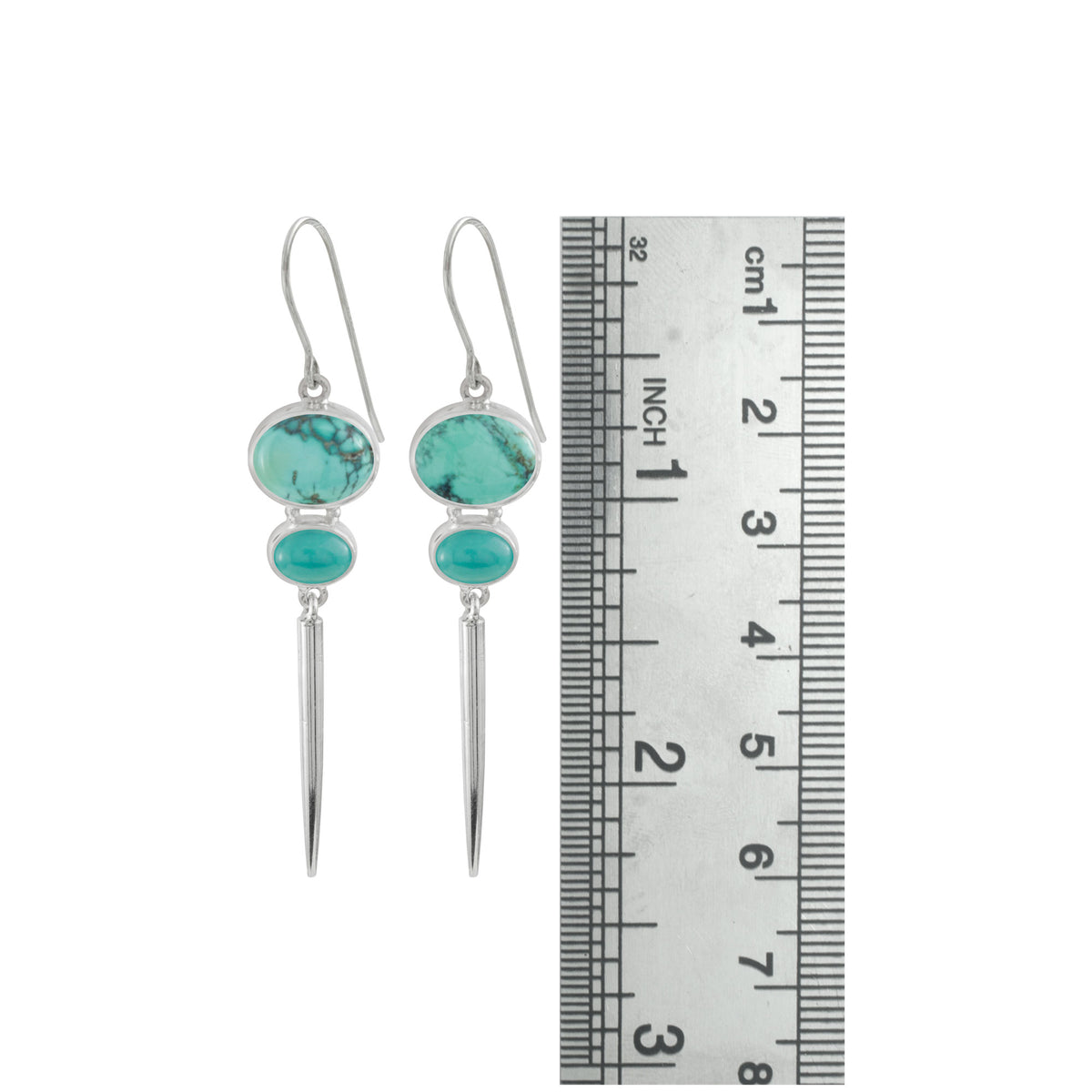 Sterling Silver Earring With 2 Turquoise Oval, And Silver Drop