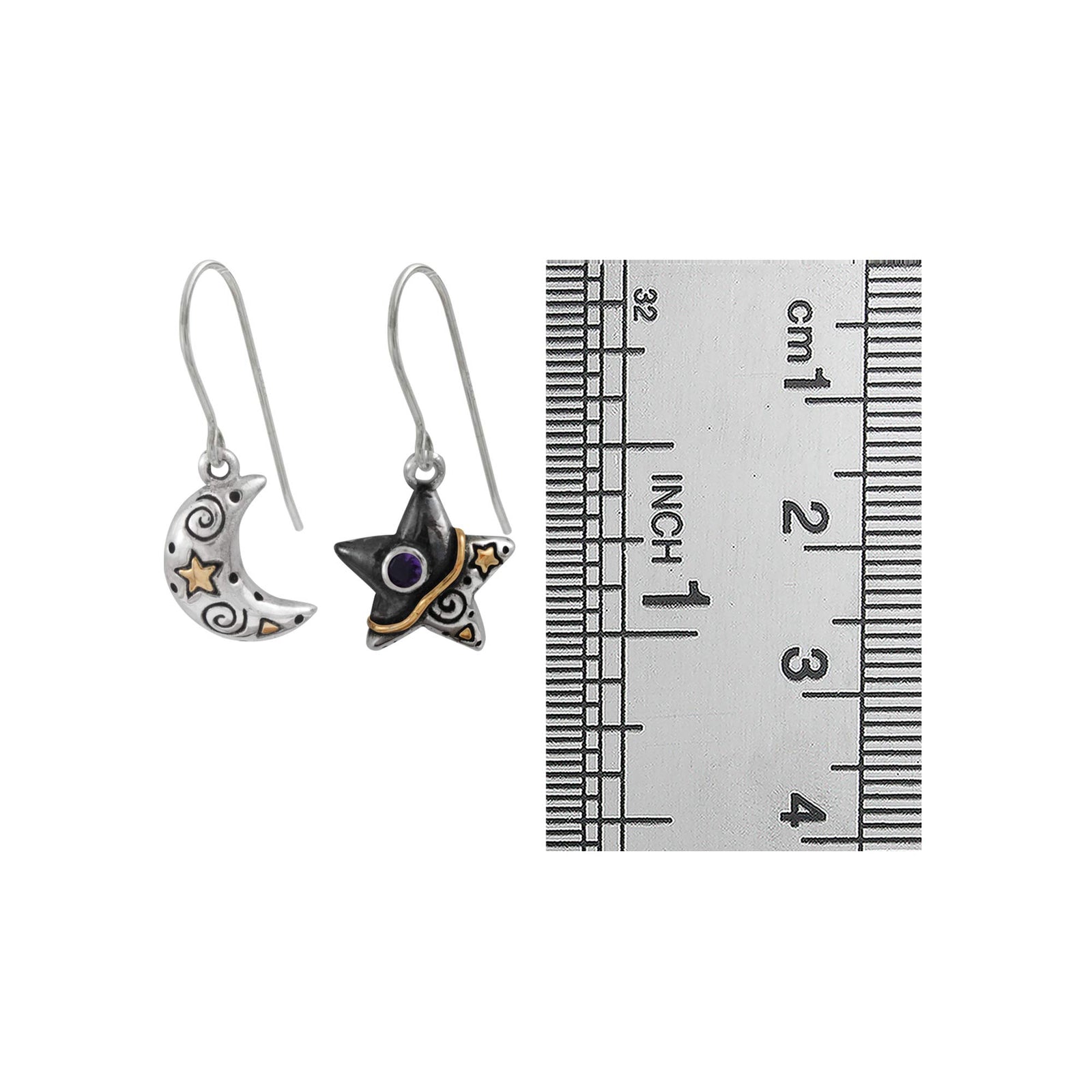 Sterling Silver Earring With Gallaxy Star Moon Component, Amethyst Round