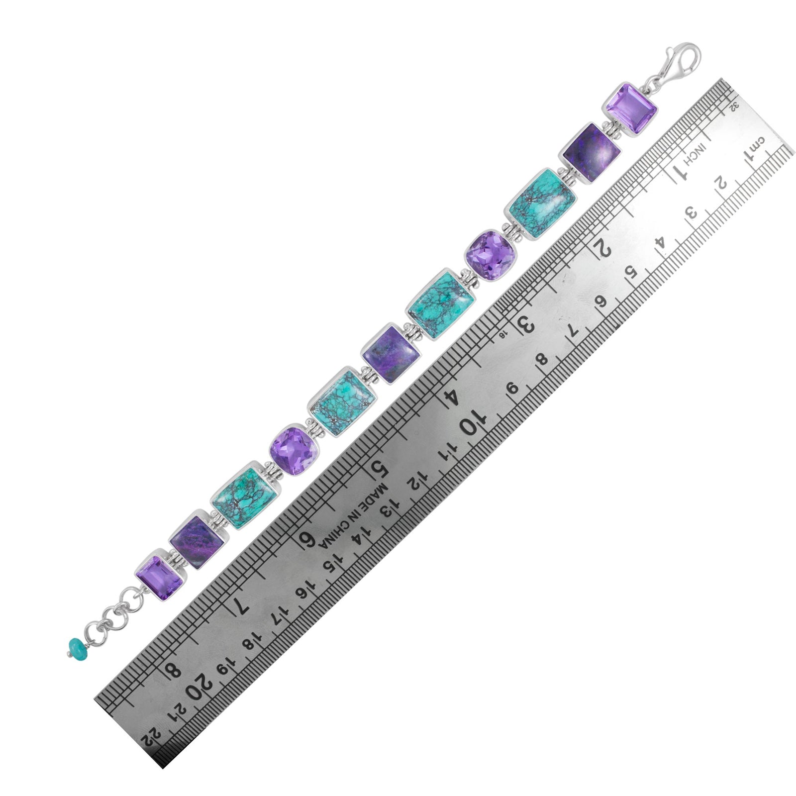 Sterling Silver Bracelet With Turquoise Rectangle, Sugilate Square, Amethyst Square