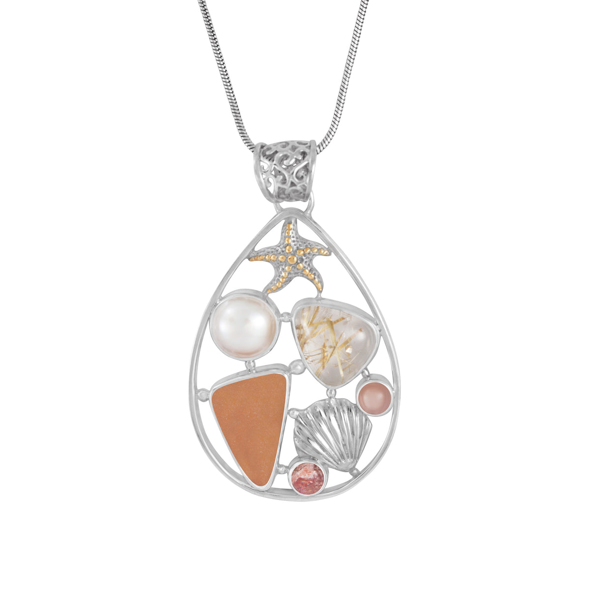 Sterling Silver Pendant With Sea Glass Brown, Rhutilated Quartz, Pearl,