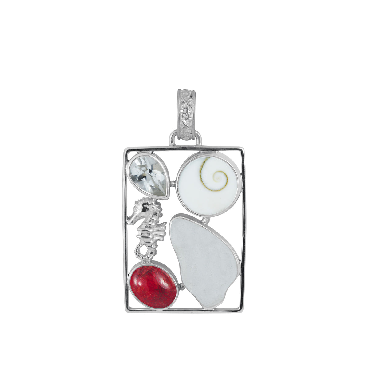 Sterling Silver Pendant With Sponge Coral Oval, Sea Glass,  White Topaz Pear, Spiral Shell