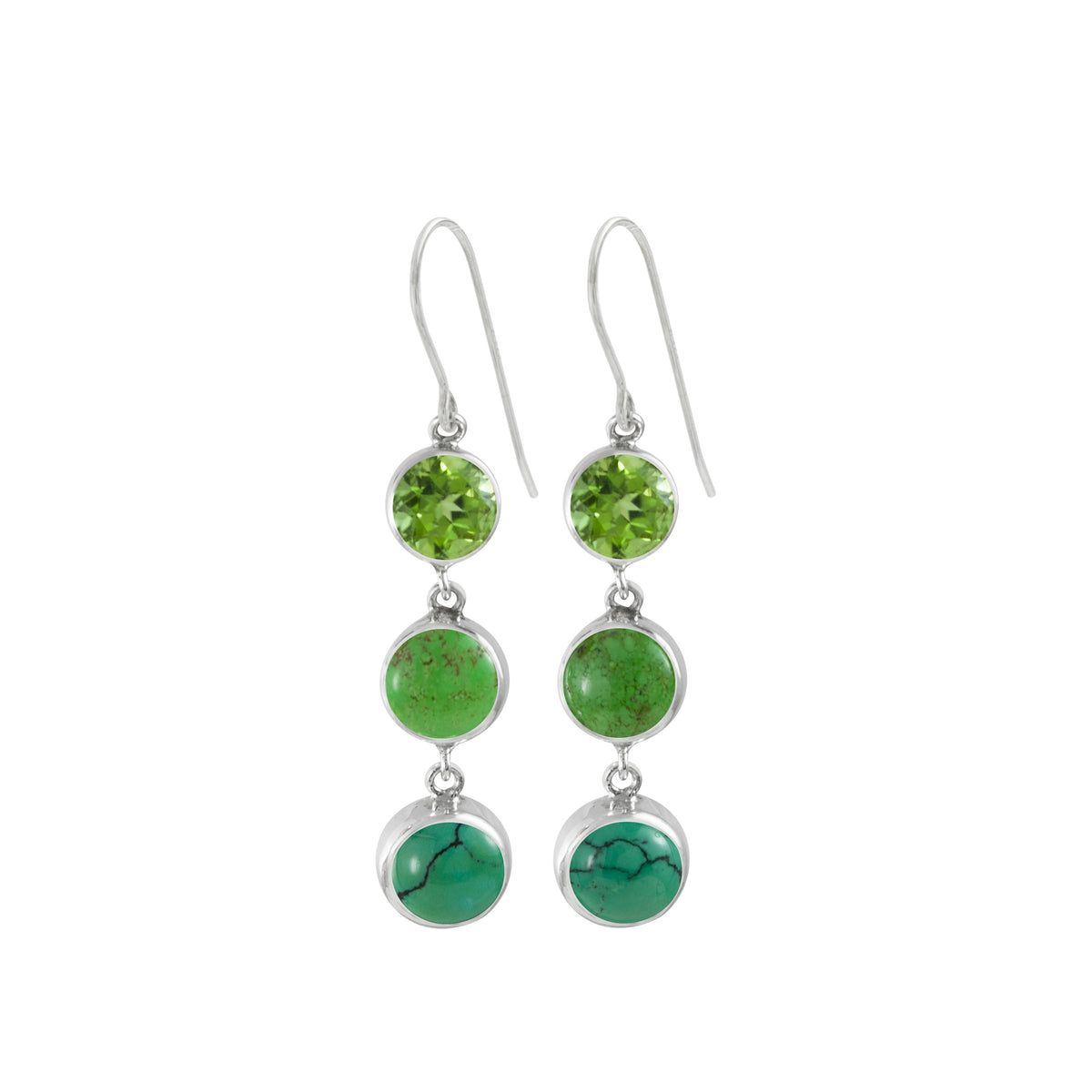 Sterling Silver Earring With Turquoise Round, Peridot Round Facet, Gaspieite