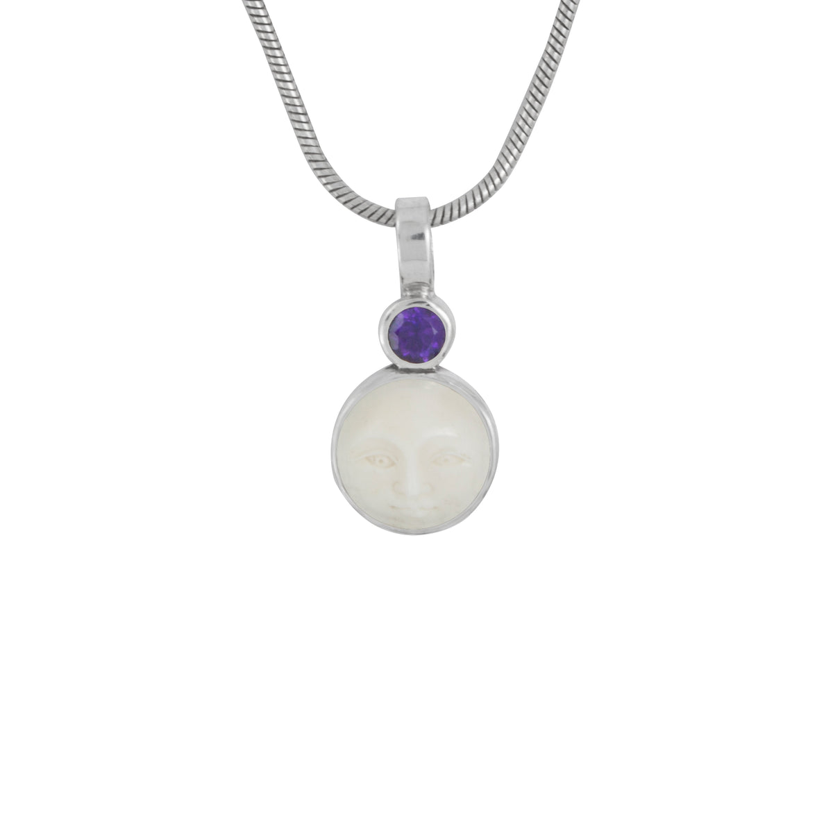 Sterling Silver Pendant With Bone Face &amp; Amethyst Round