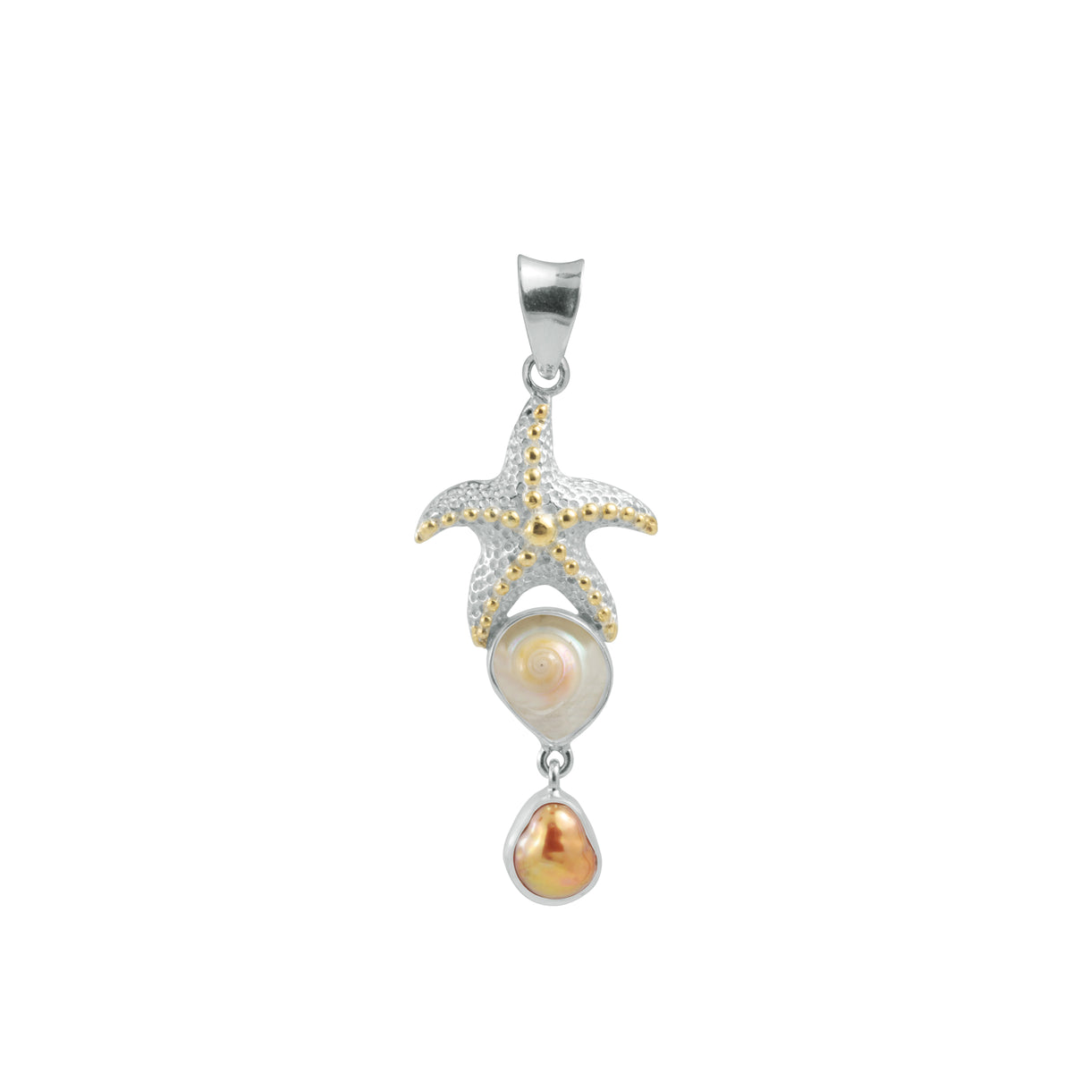 Sterling Silver Pendant Star Fish Component With Shell Malabar Turbos, Keishi Pearl Drop
