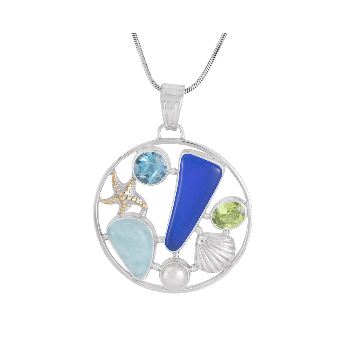 Sterling Silver Pendant With Round Medalion With Sea Glass, Larimar,London Blue &amp; Pearl