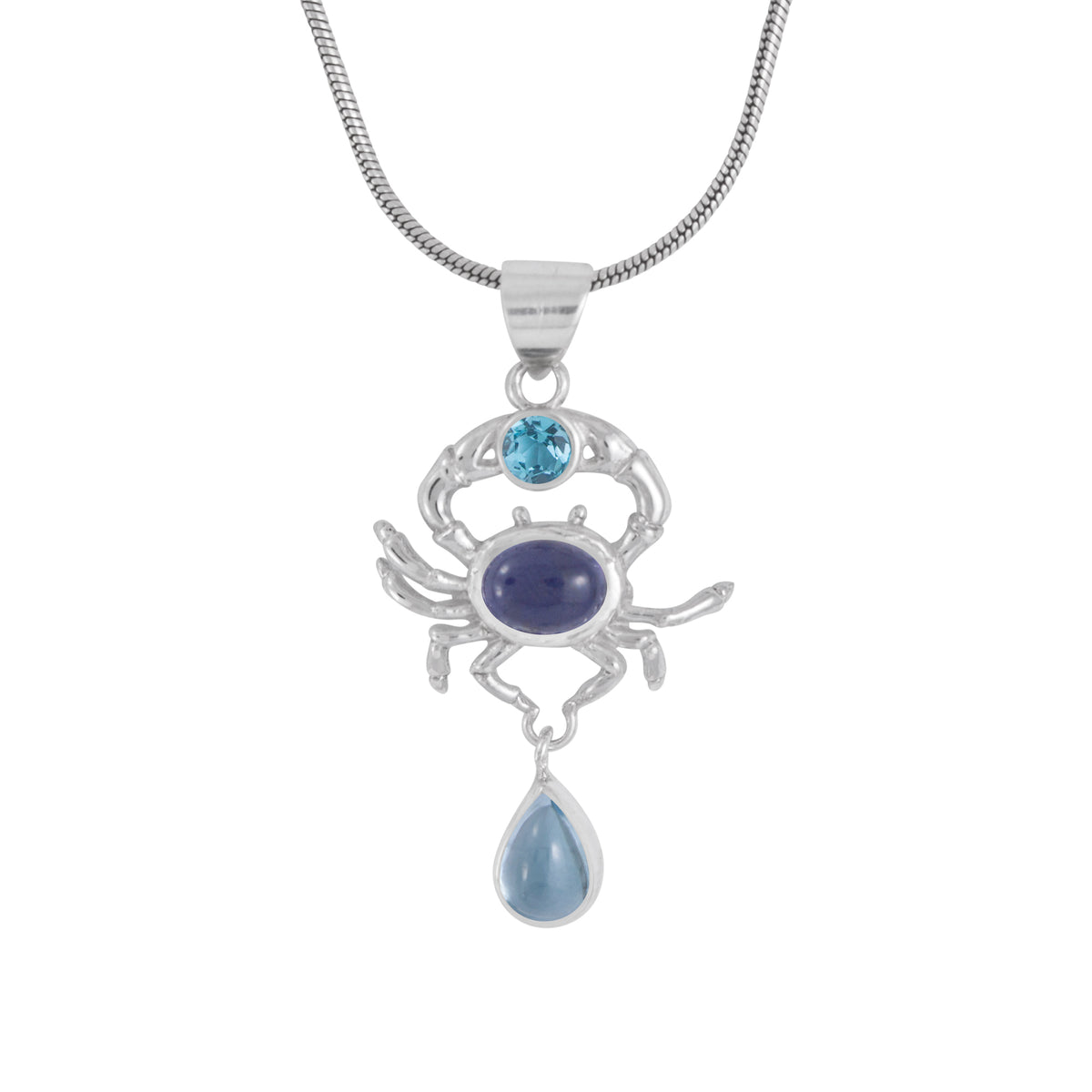 Sterling Silver Earring Crab Pendant With Iolite Oval, Blue Topas Round and Pear Drop