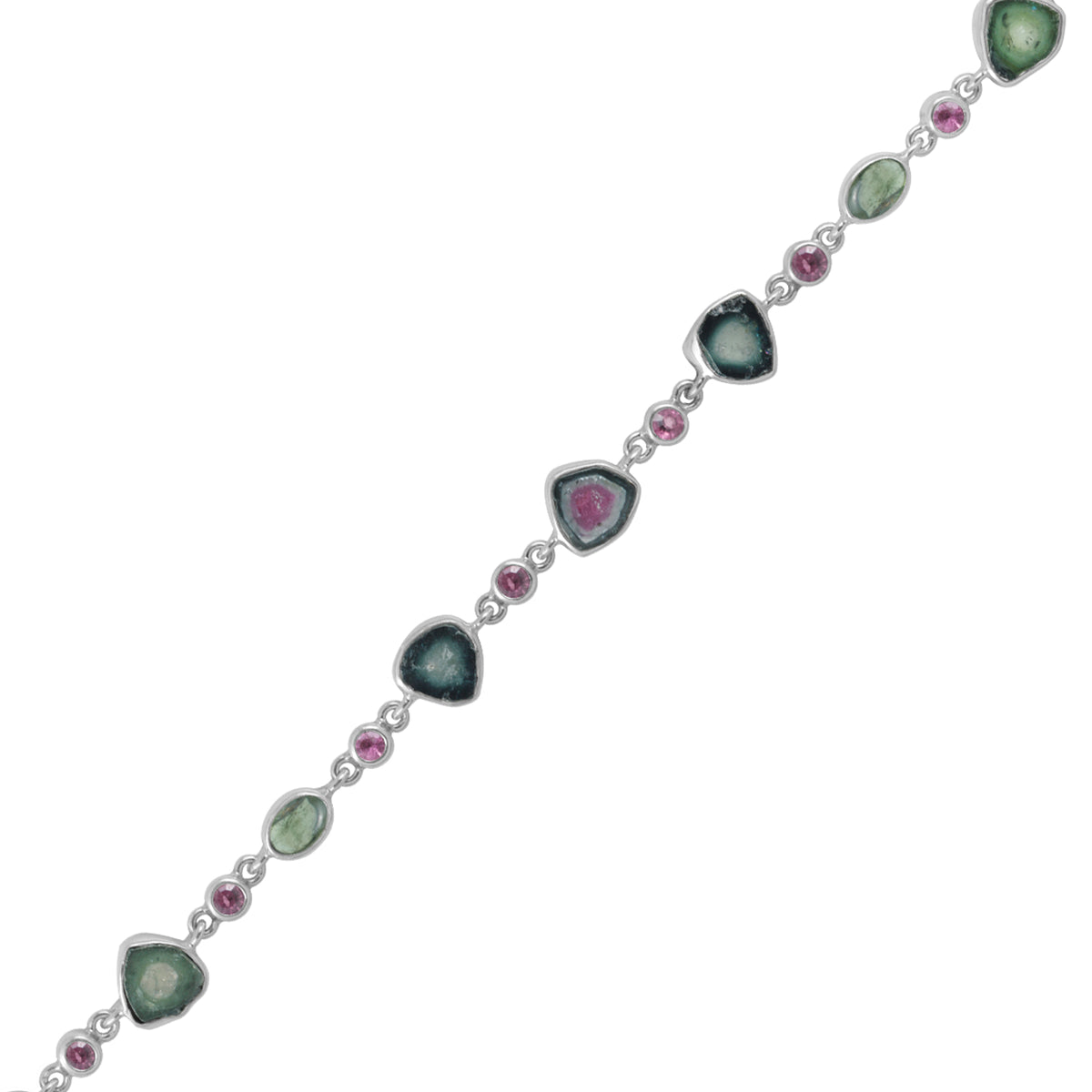 Sterling Silver Bracelet With Tourmaline Facet &amp; Cab, Waternelon Free Form