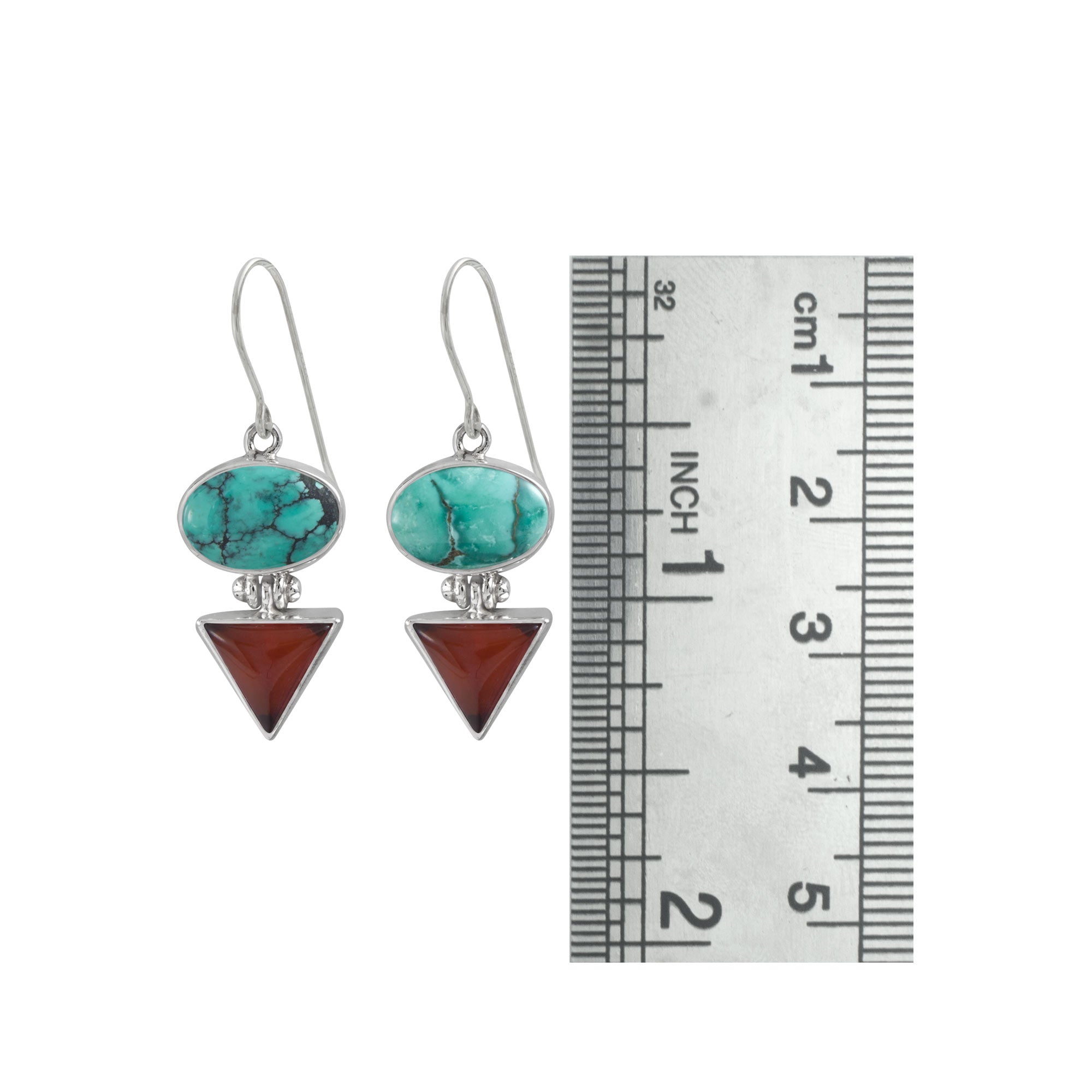 Sterling Silver Earring With Turquoise Oval, Amber Triangle Stone