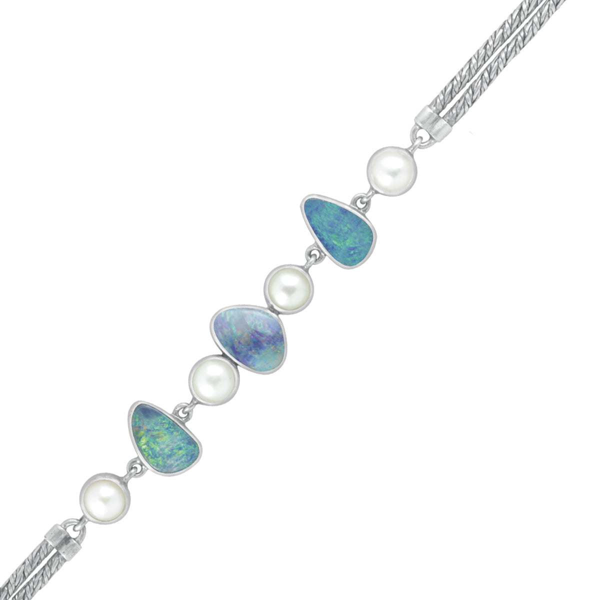 Sterling Silver Bracelet With Free Form Opal, Pearl Connect With Chain