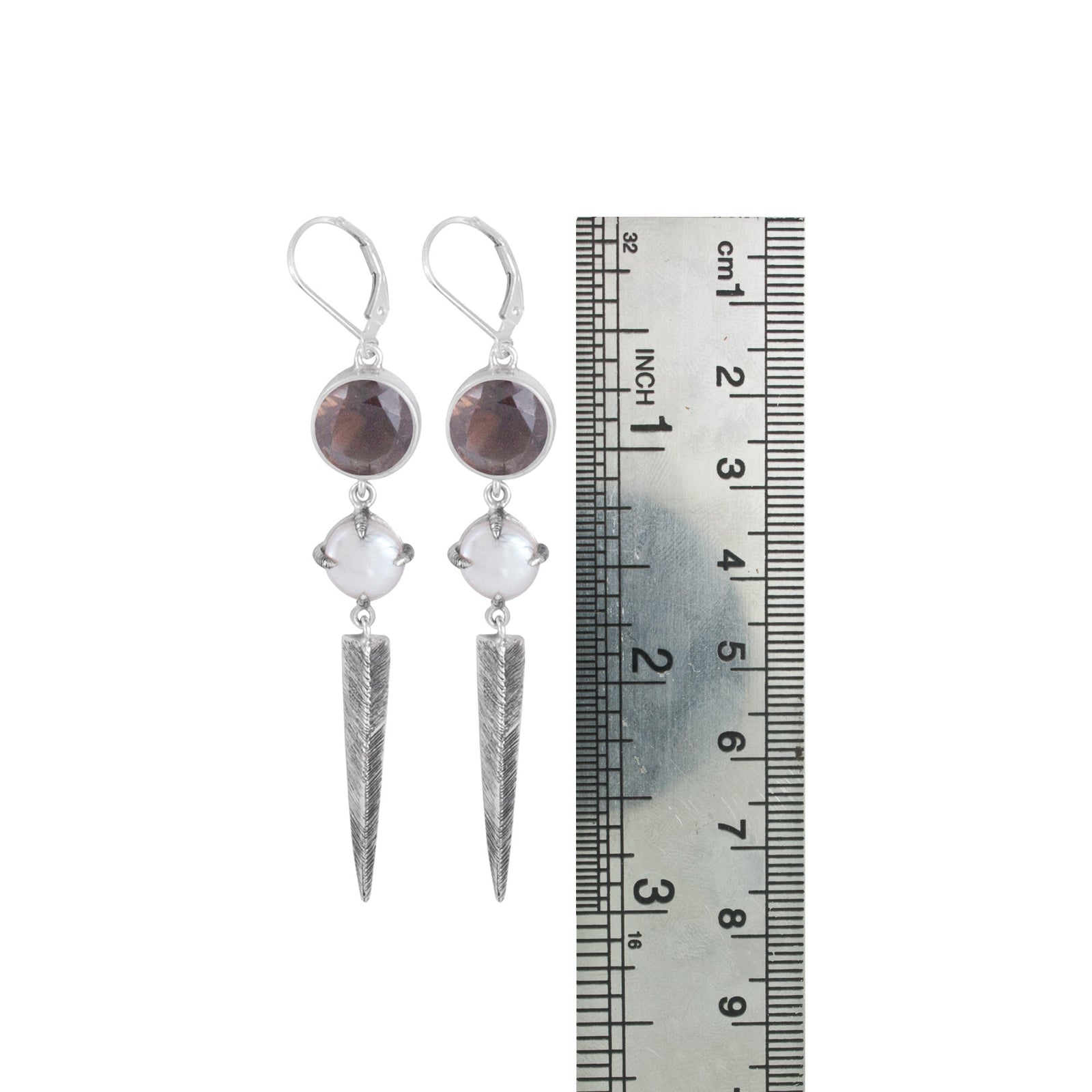 Sterling Silver Earring With Smokey Quartz Round Facet, Pearl