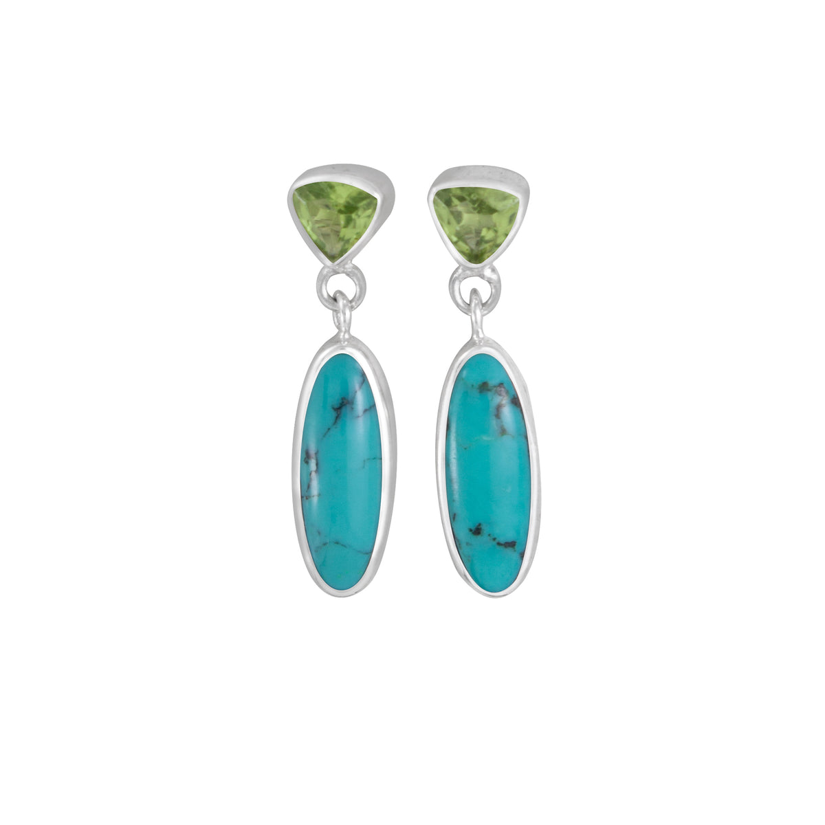 Sterling Silver Earring With Peridot Triangle Facet, Turquoise Oval Drop
