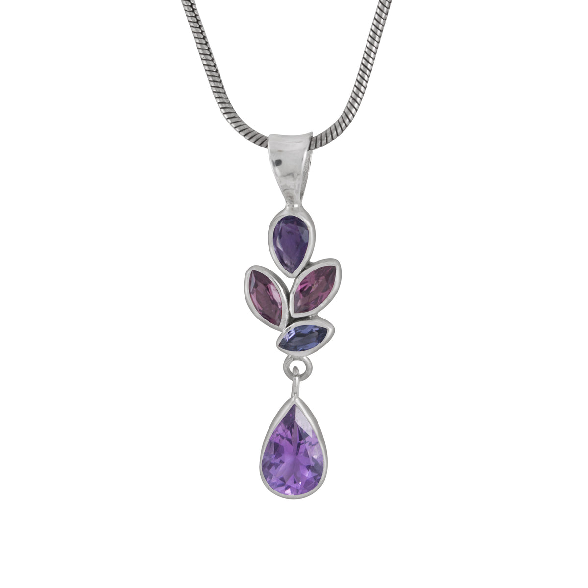 Sterling Silver Pendant With Amethyst, Rhodolite Garnet, Iolite Marquise, Rhodolite Garner Pear, Amethyst Brio Drop