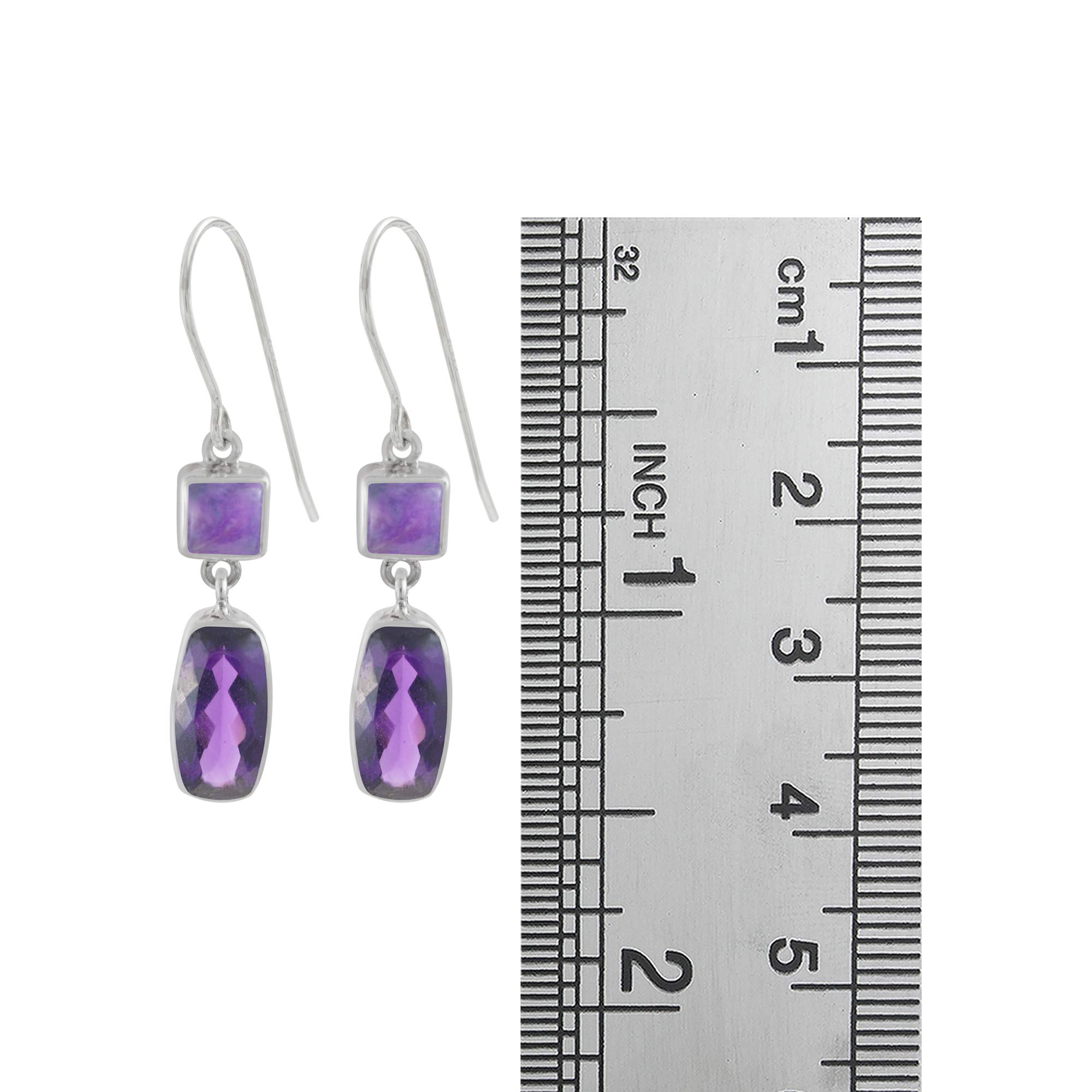 Sterling Silver Earring With Sugilate Square And Amethyst Cushion Facet