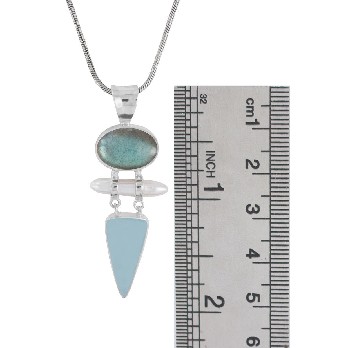 Sterling Silver Pendant With Labradorite Oval, Pearl, Sea Glass Aqua