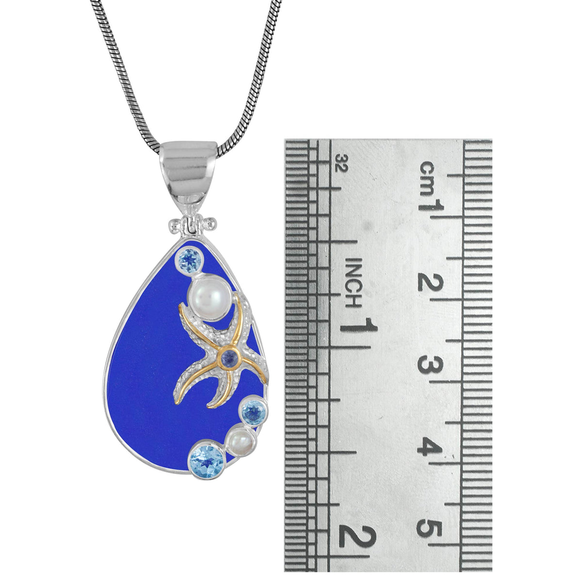 Cobalt Blue Sea Glass Pendant with Cascading Gems and Starfish