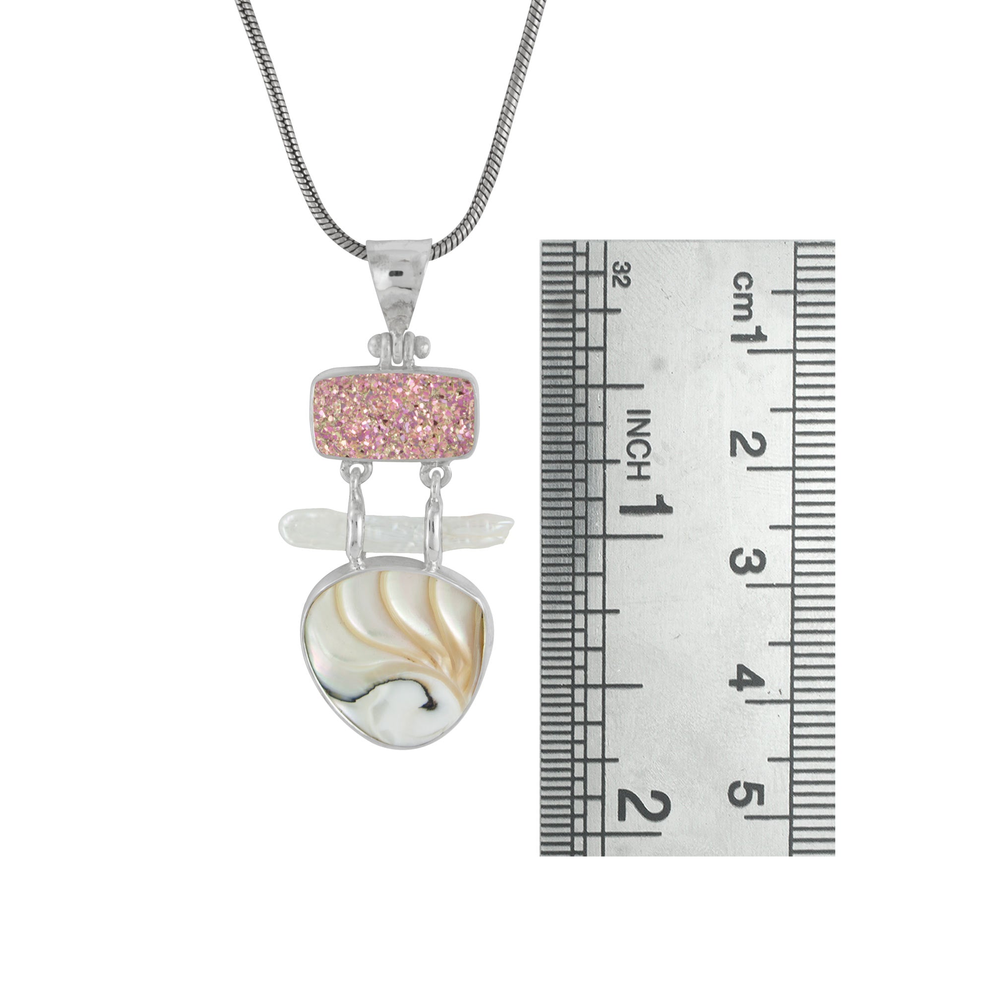 Sterling Silver Pendant With Druzy Straberry Mocha Rectangle, Pearl, Shell Nautilas