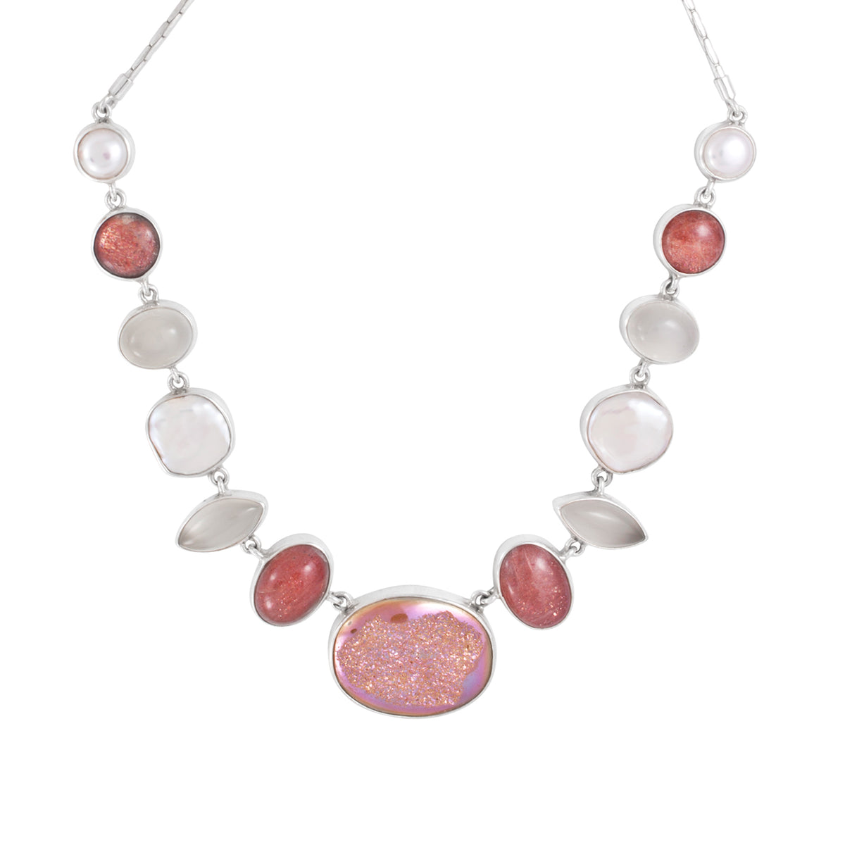 Silver Necklace With Pearl, Sunstone And Moonstone