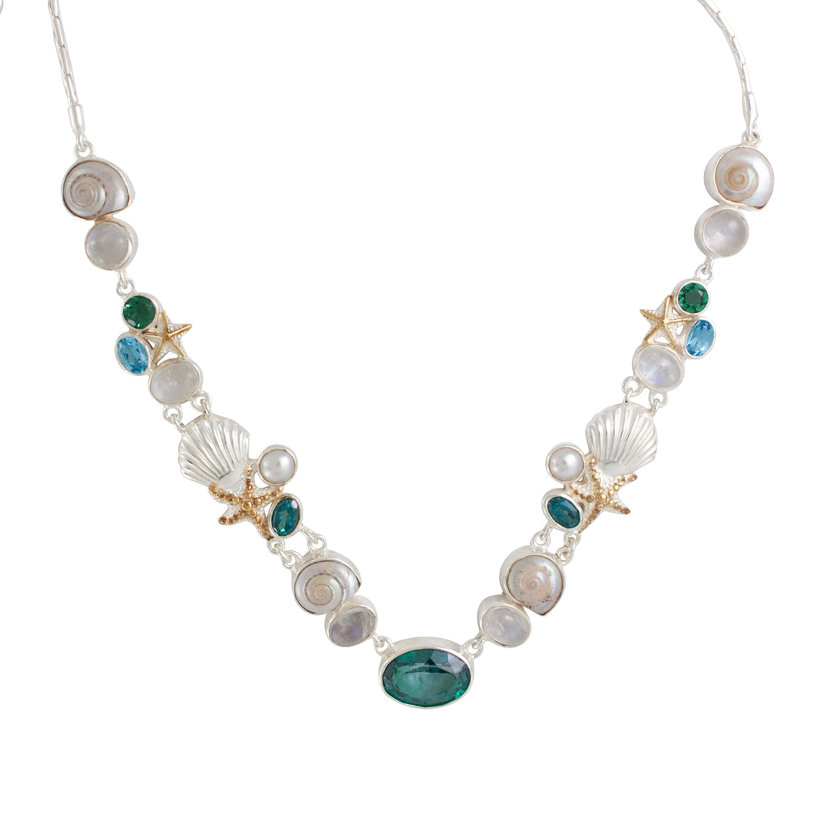 Sterling Silver Necklace With Sea Component And Multi Stones