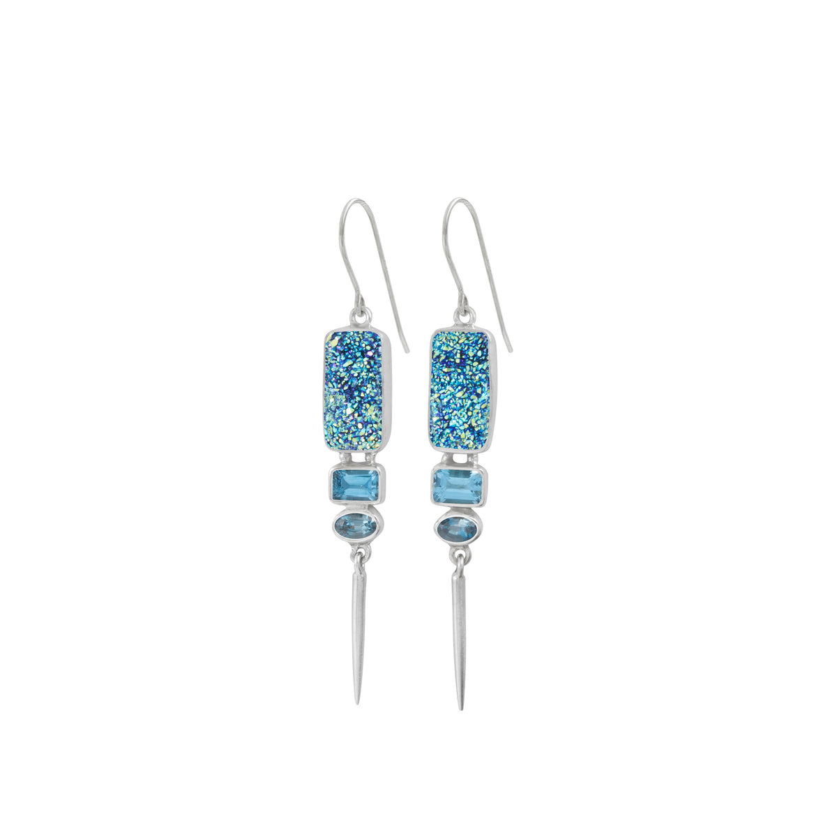 Sterling Silver Earring With Druzy Cassiopia Seas, Blue Topaz Rectangle, London Blue Oval Facet