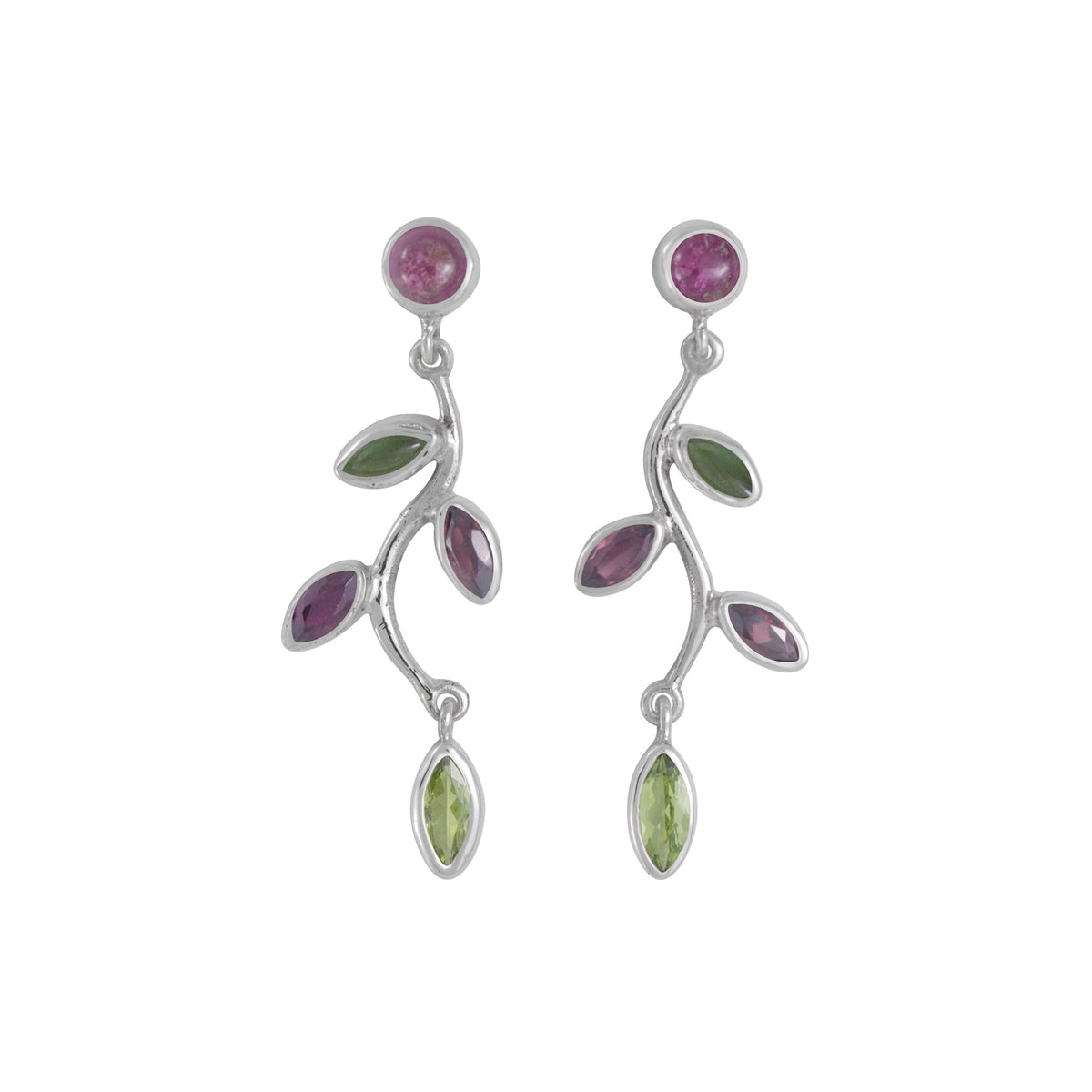 Sterling Silver Earring With Pink Tourmaline Round Cab &amp; Maquoise Face, Peridot Facet, Green Topaz Facet