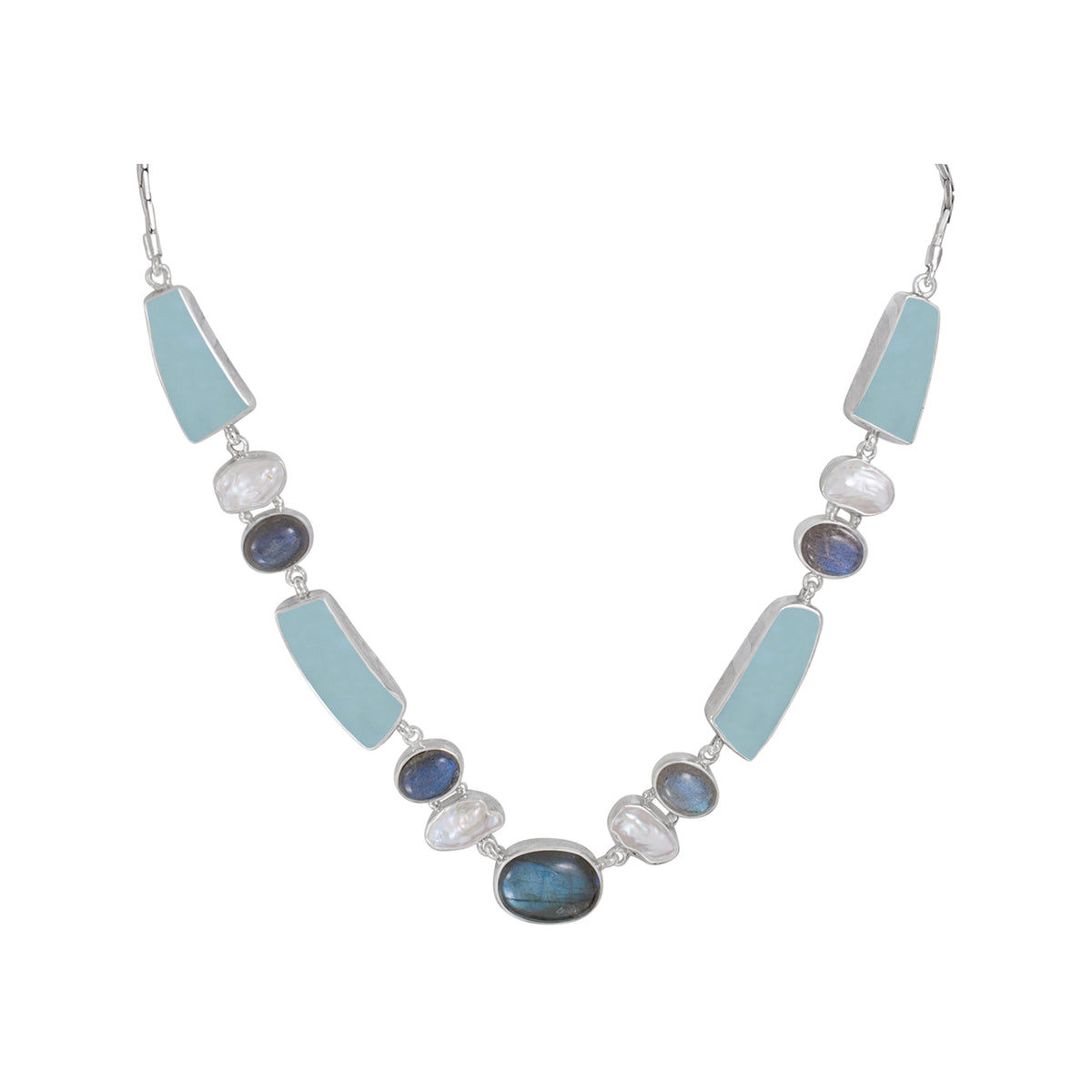 Sterling Silver Necklace With Labradorite Oval, Sea Glass Aqua, Pearl Keishi