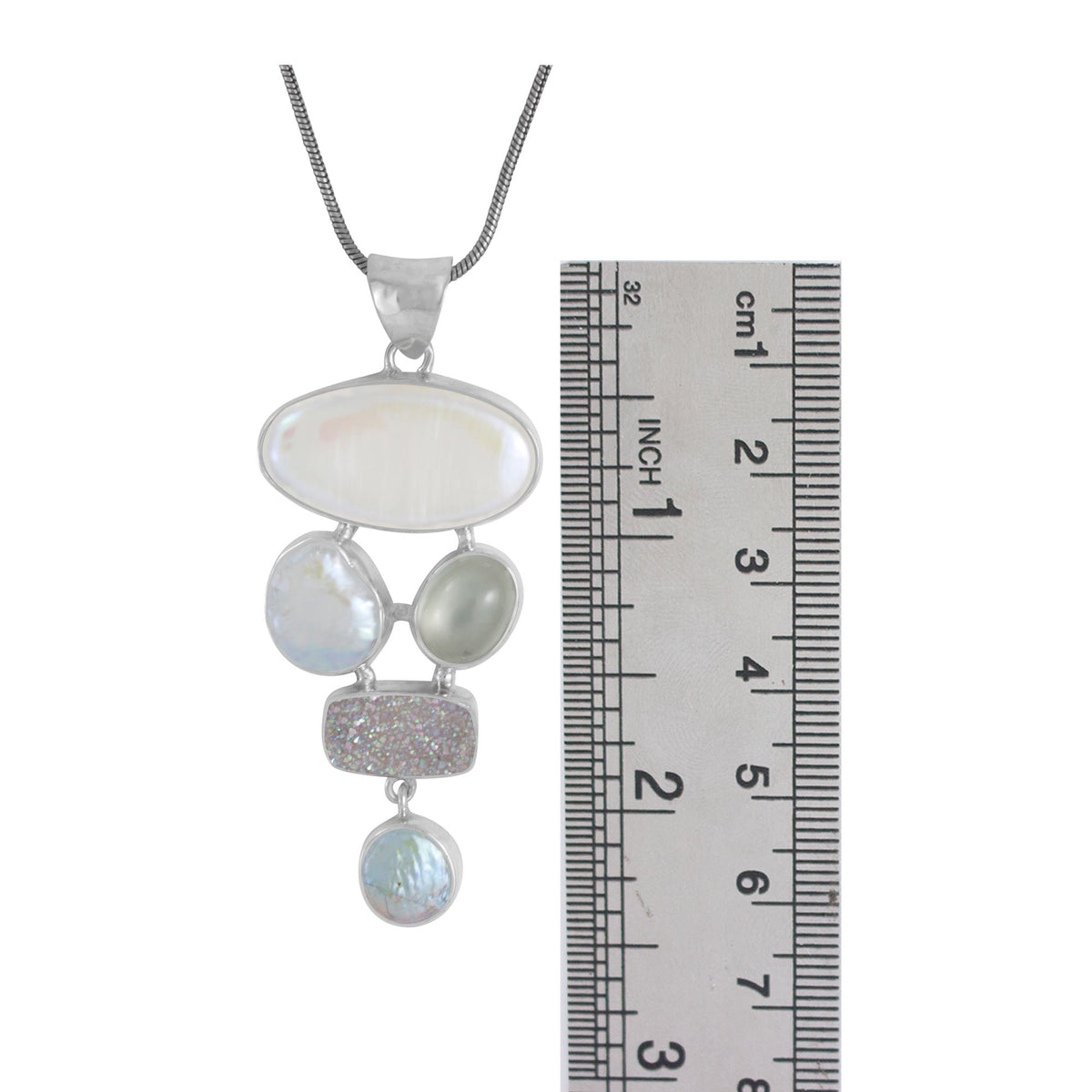 Sterling Silver Pendant With Pearls, Druzy Opal, Greenmoon Oval