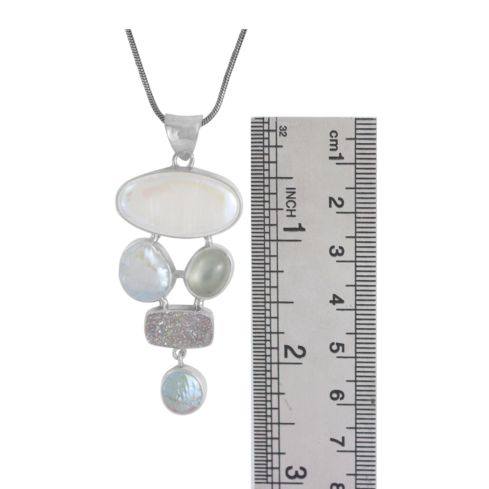 Sterling Silver Pendant With Pearls, Druzy Opal, Greenmoon Oval