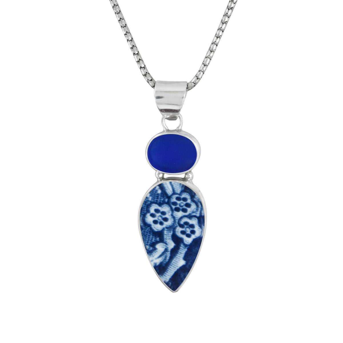 Silver Pendant With Sea Glass And Pottery