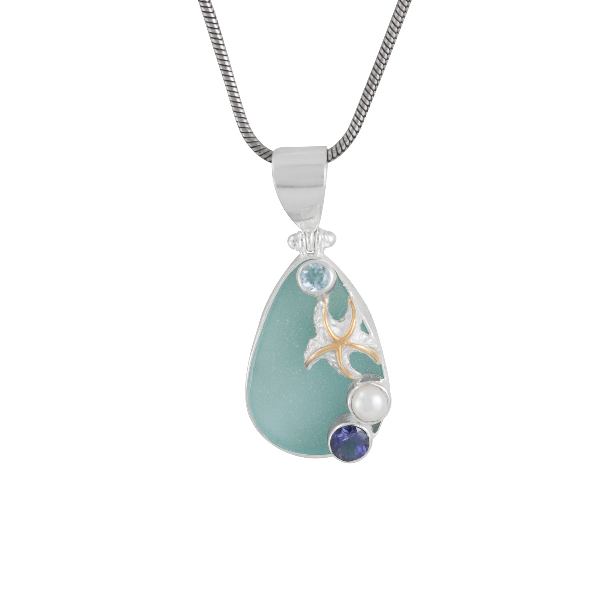 Cobalt Blue Sea Glass Pendant with Cascading Gems and Starfish