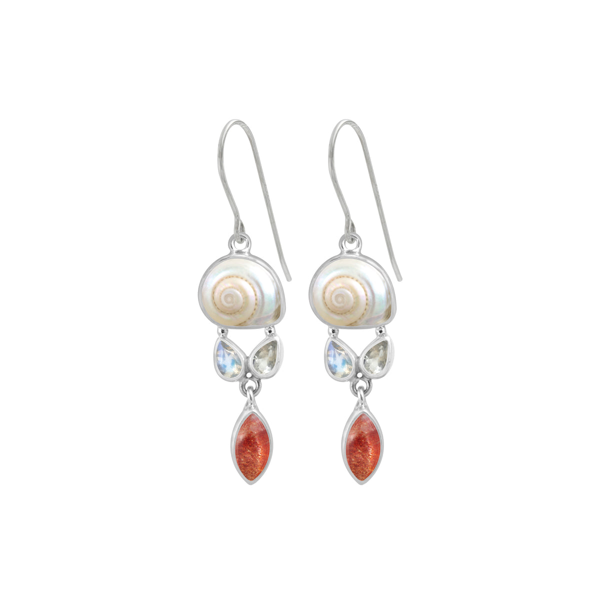 Sterling Silver Earring With Shell Malabar Turbos,  Sun Stone Marquise