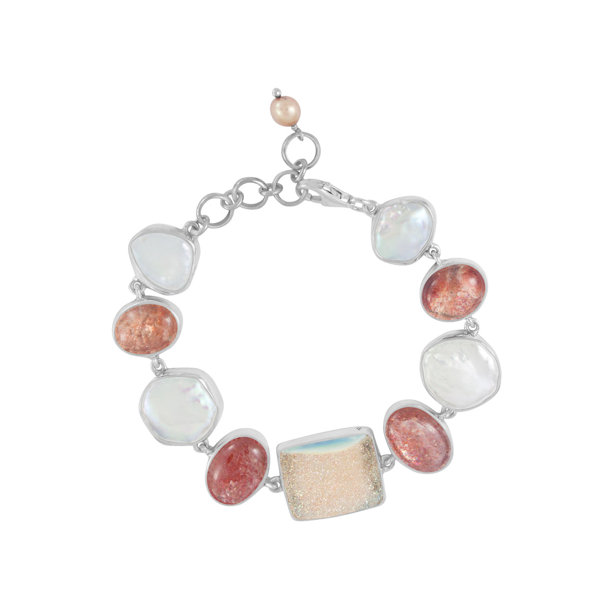 Sterling Silver Bracelet With Druzy Bronze Free Form, Sun Stone Opal And Pearl