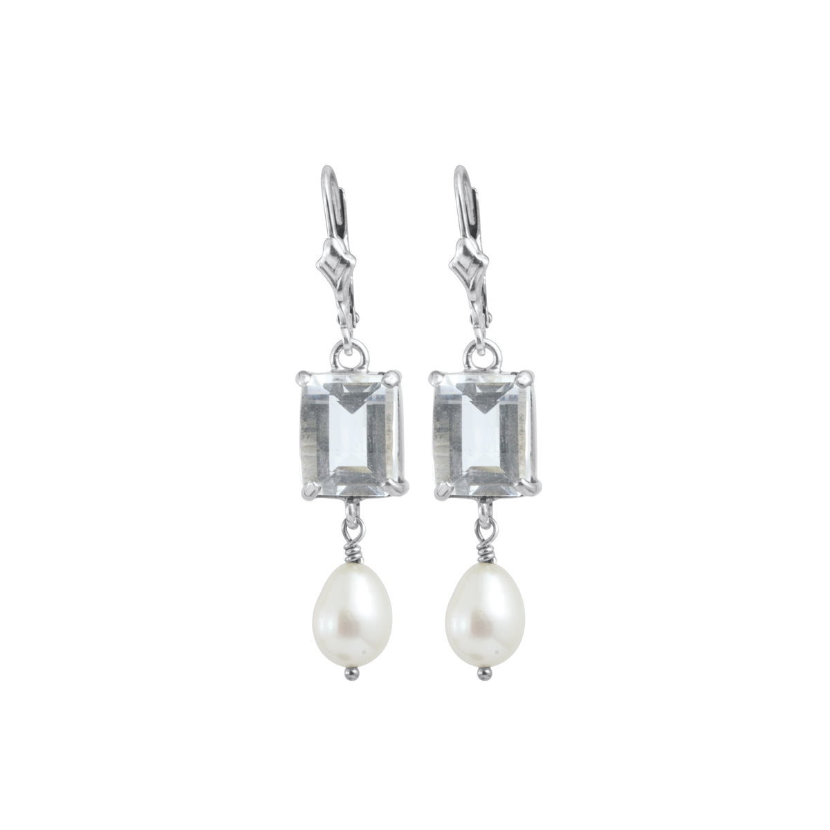 Sterling Silver Earring With White Quartz Step Cut, White Pearl Drop