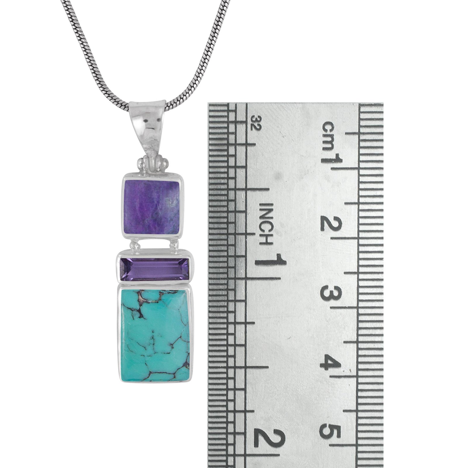 Sterling Silver Pendant With Sugilate Square, Amethyst Rectangle Facet, Rurqouise RectangleE