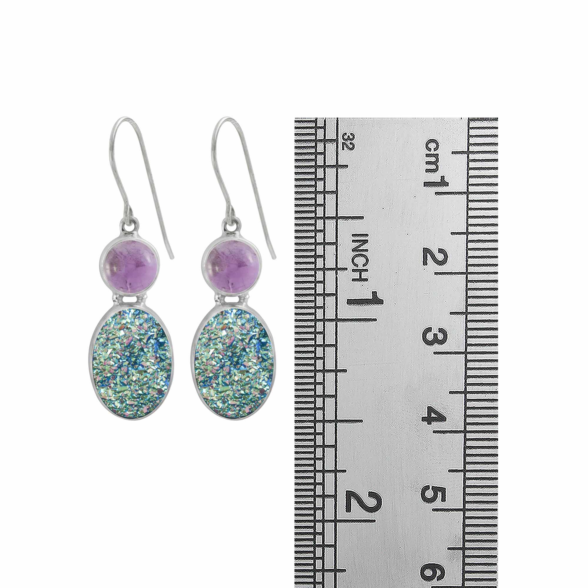 Sterling Silver Earring With Amethyst Round Cab, Druzy Easy Green Oval