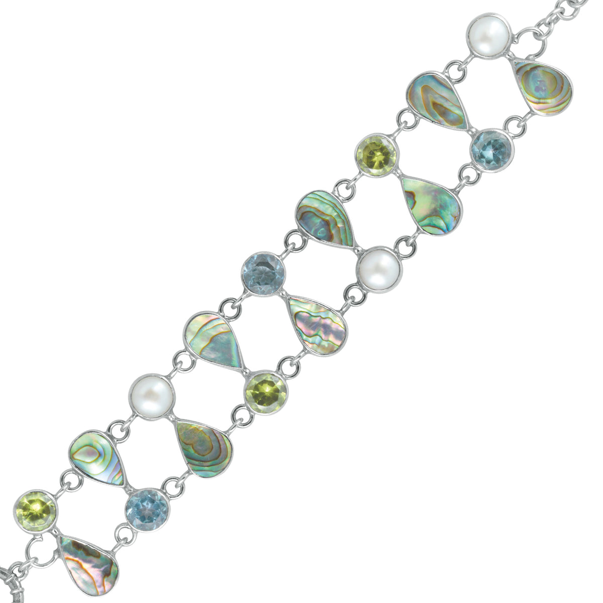 Sterling Silver Bracelet With Pear Paua,Round Blue Topaz &amp; Peridot Stone