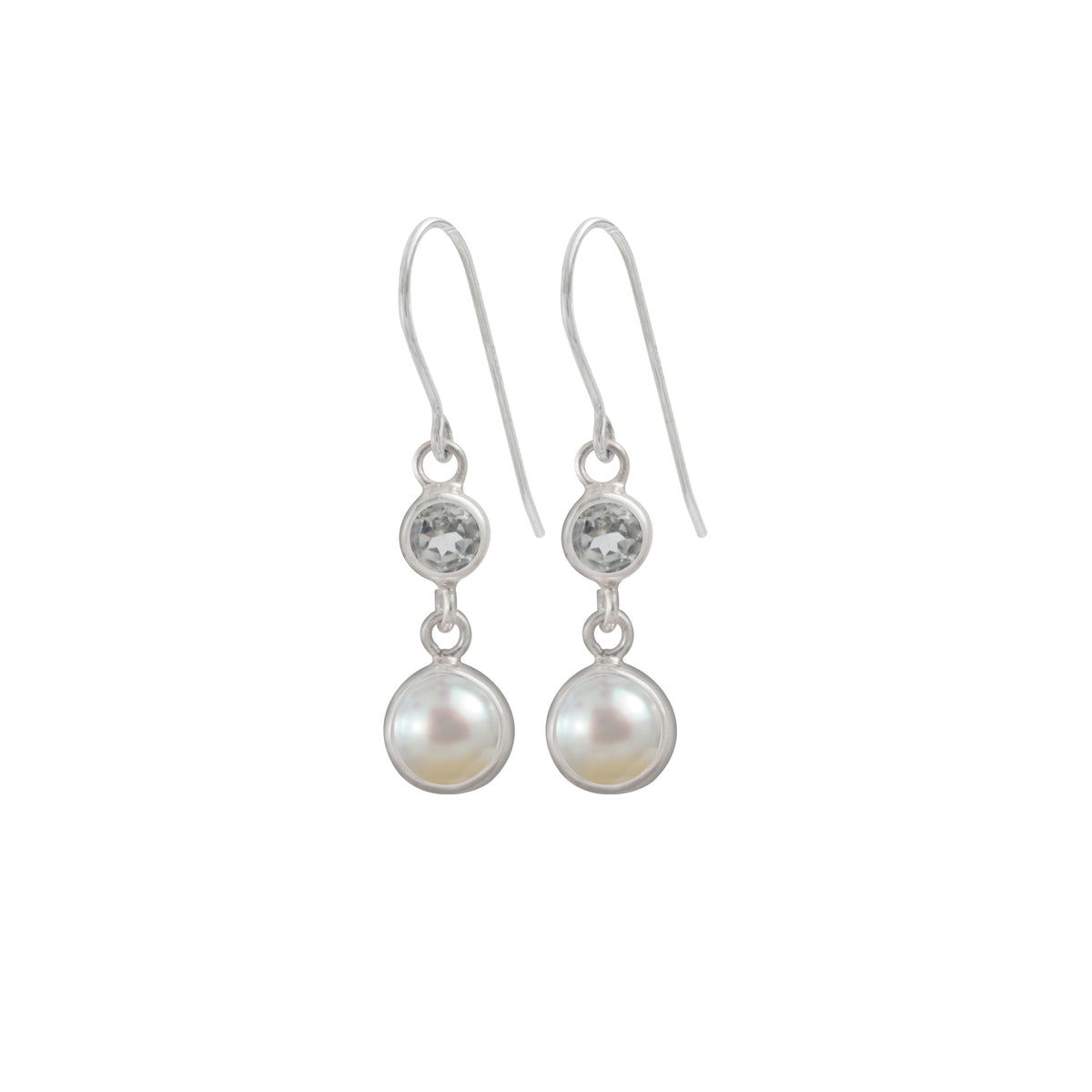 Sterling Silver Earring With White Topaz Round Facet, Pearl Round