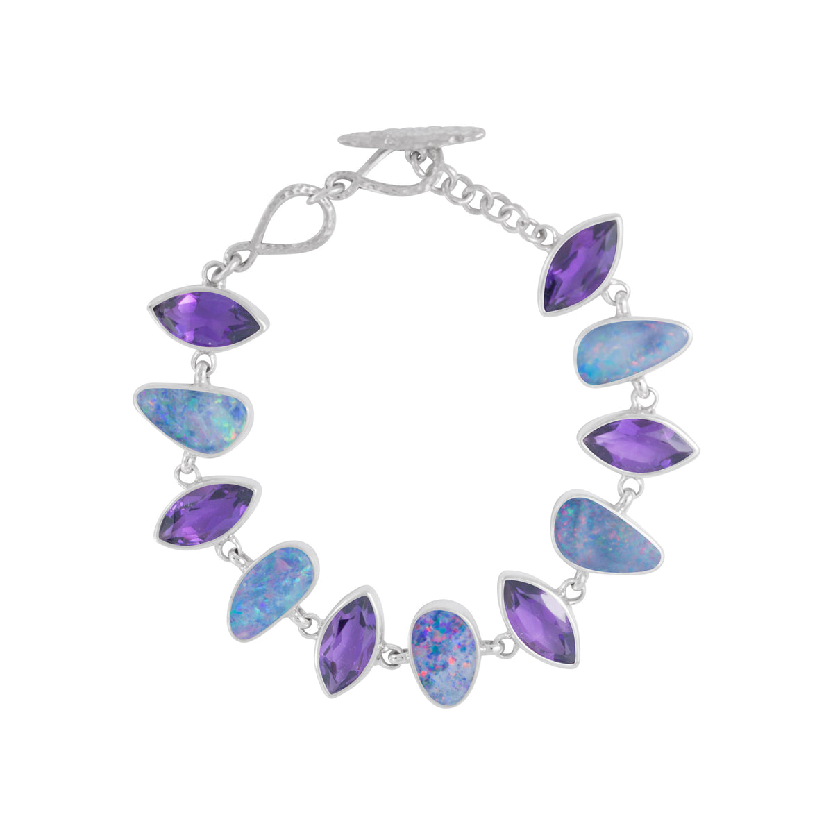 Sterling Silver Bracelet With Opal Free Form, Amethyst Marquise Facet