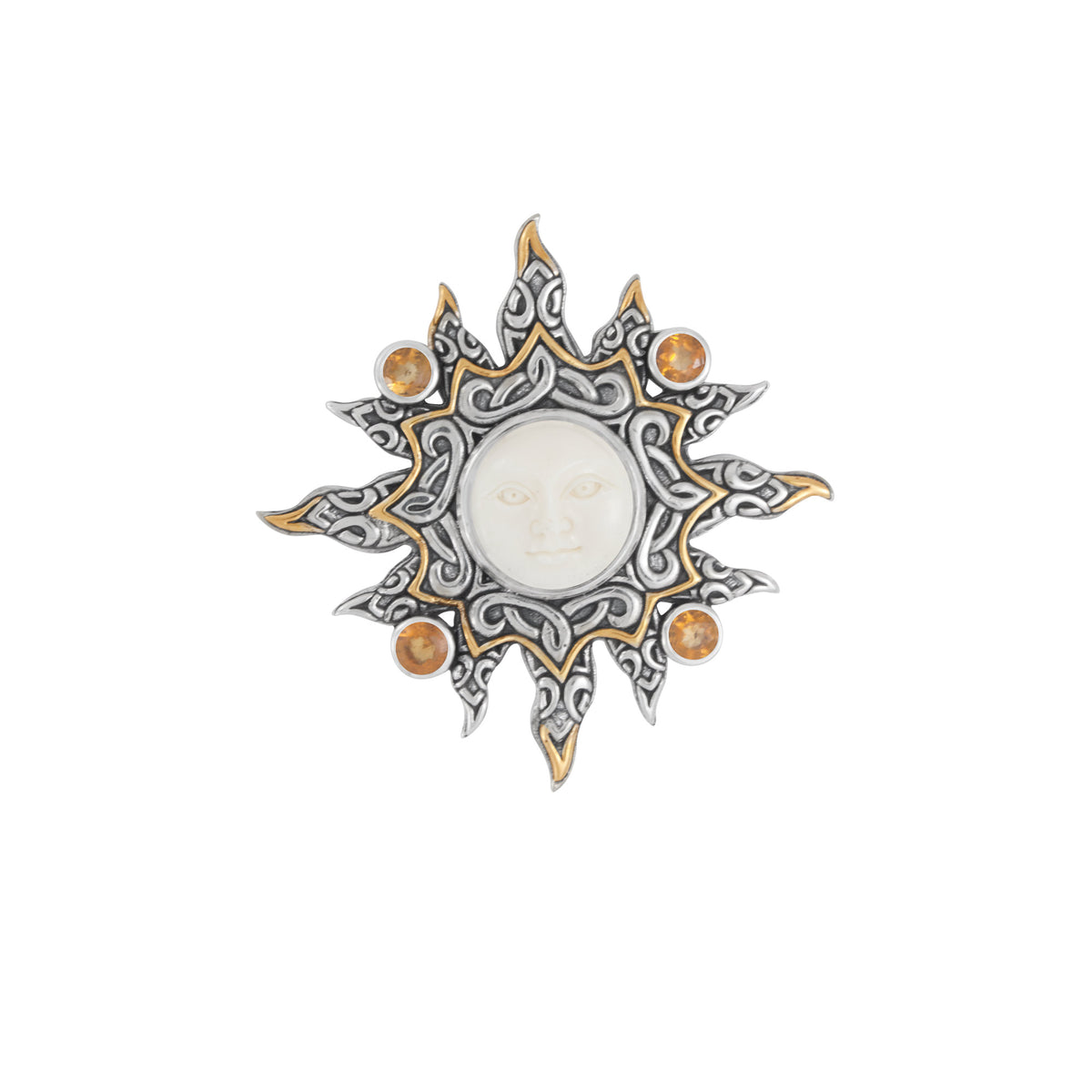 Sun Collection Pin Pendant With Bone Face, 4 Round Stone Celtic Motif