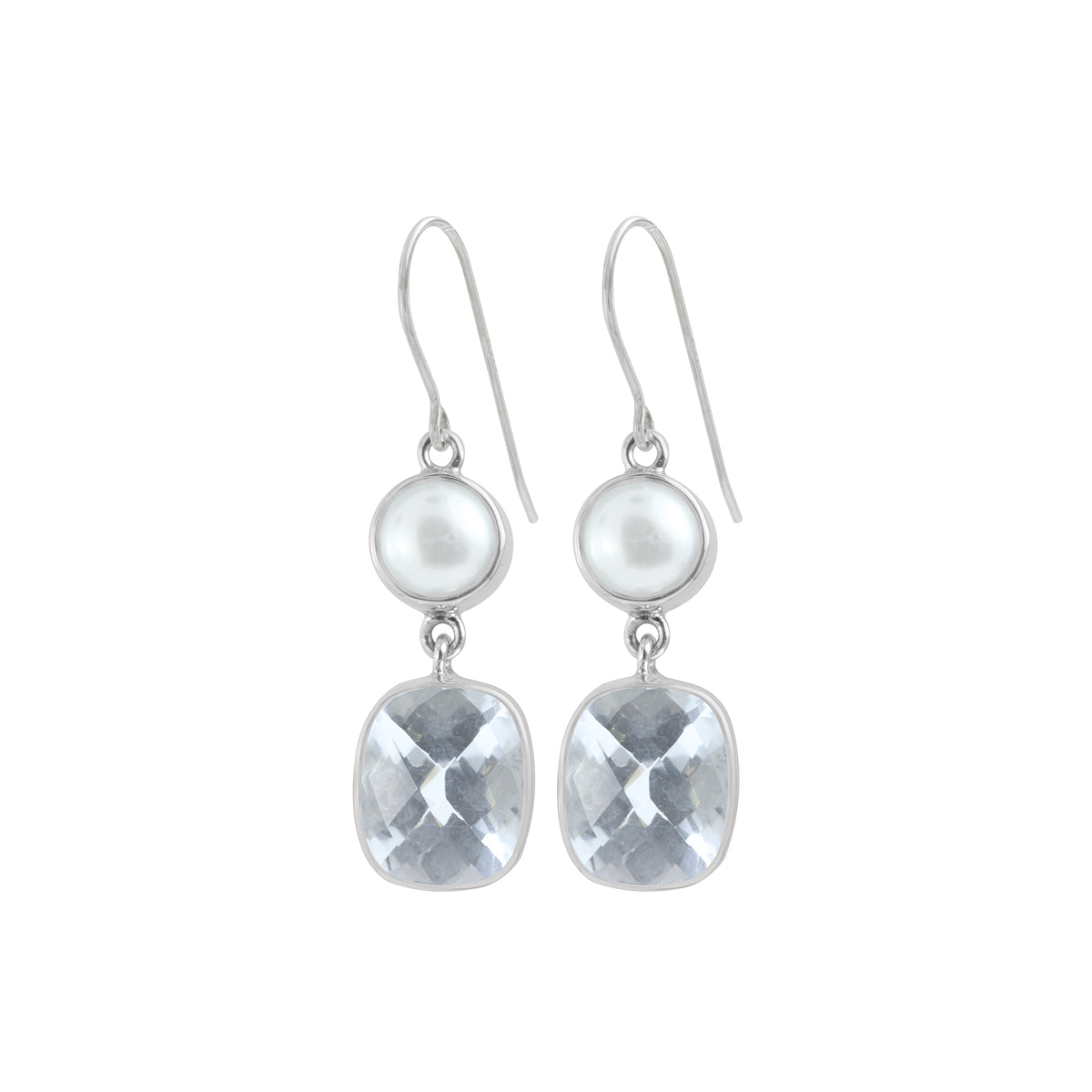 Sterling Silver Earring With Pearl Round, White Quartz Rextangle Cushion Drop